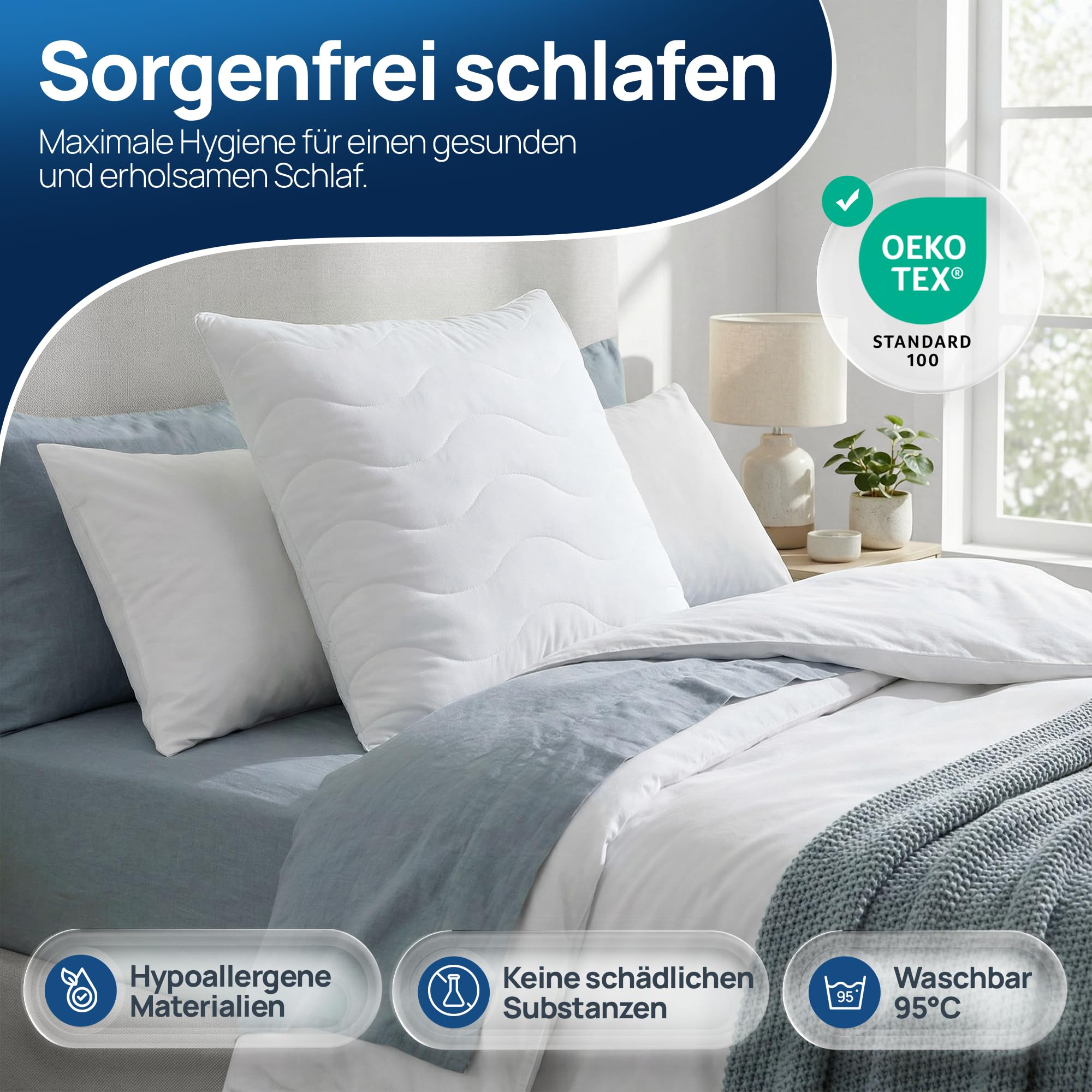 LILENO HOME Allergiker Kopfkissen 80x80 2er Set – 95°C waschbar, Oeko-Tex Made in DE – anpassbar Kissen 80x80