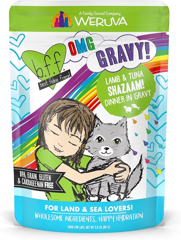 Ração úmida para gatos Weruva B.F.F. OMG! Shazaam! com atum e cordeiro ao molho, 79 g — Pacote com 12 sachês