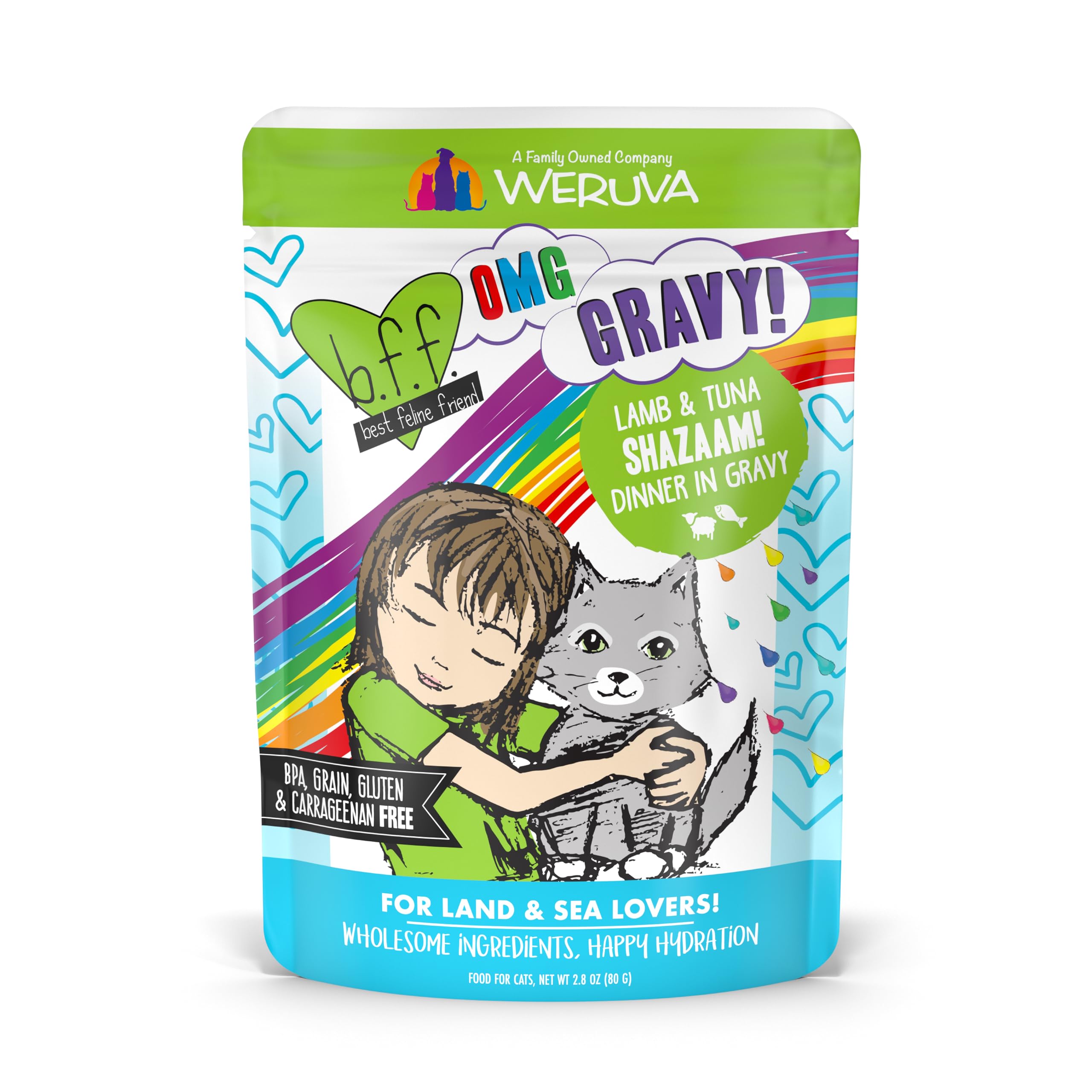 Weruva B.F.F. OMG - Best Feline Friend Oh My Gravy!, Shazaam! with Lamb & Tuna in Gravy Cat Food, 2.8oz Pouch (Pack of 12)