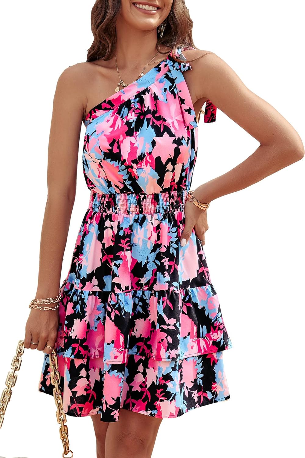 Tie one shoulder boho floral dress elastic waist ruffle