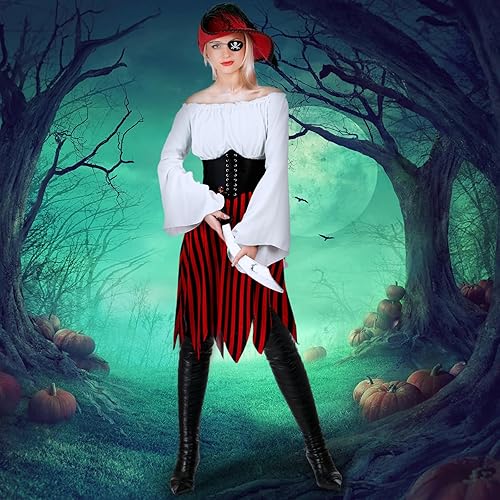 Miniatura 7 de Disfraz de pirata de Halloween, accesorios de pirata, incluyendo medias de red, bandana pirata, cuchillo, parche para ojos