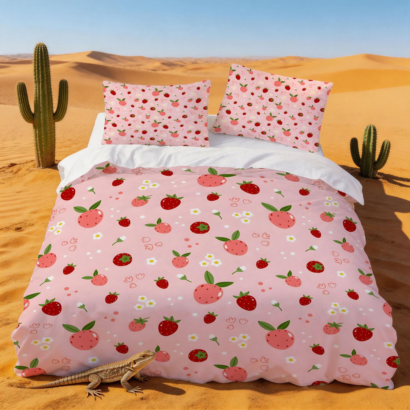 Parure de lit 240x260 adulte dessin animé fraise et housse couette microfibre douce 2 personnes
