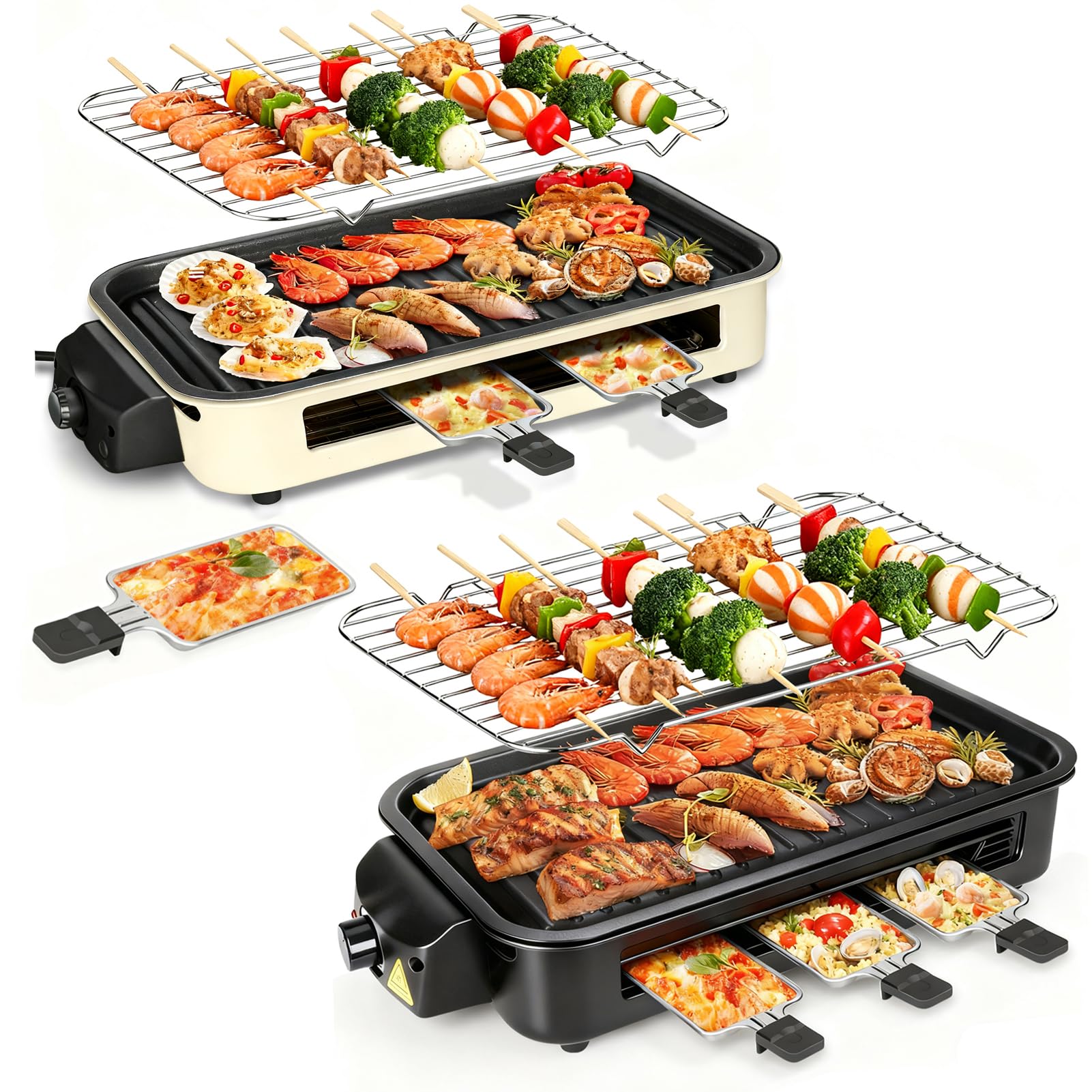 Electric Indoor Grill 1500W - 2 in 1 White/Black Smokeless Indoor Korean BBQ Grills Pan with Grilling Net & Non-Stick Removable Griddle Plate