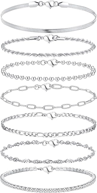 ADRAMATA 7 Pcs Chain Bracelets for Women 14K Gold Plated Stacking Bracelets Twist Figaro Herringbone Chain Bracelets Adjustable CZ Link Charm Bracelets Set Silver Gold Tone Bracelets for Women Girls