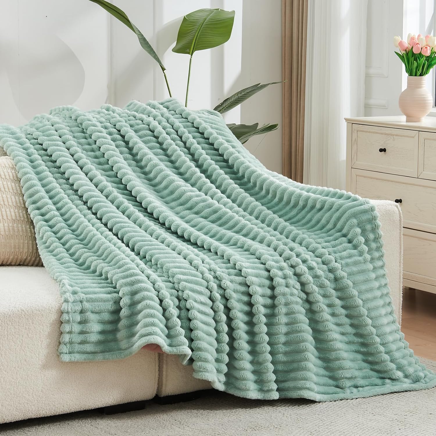 NEWCOSPLAY Super Soft Twin Blanket New Sage Green Premium Silky Flannel Fleece 3D Ribbed Jacquard Lightweight Bed Blanket All Season Use (New Sage Green Ribbed, Twin(60"x80"))
