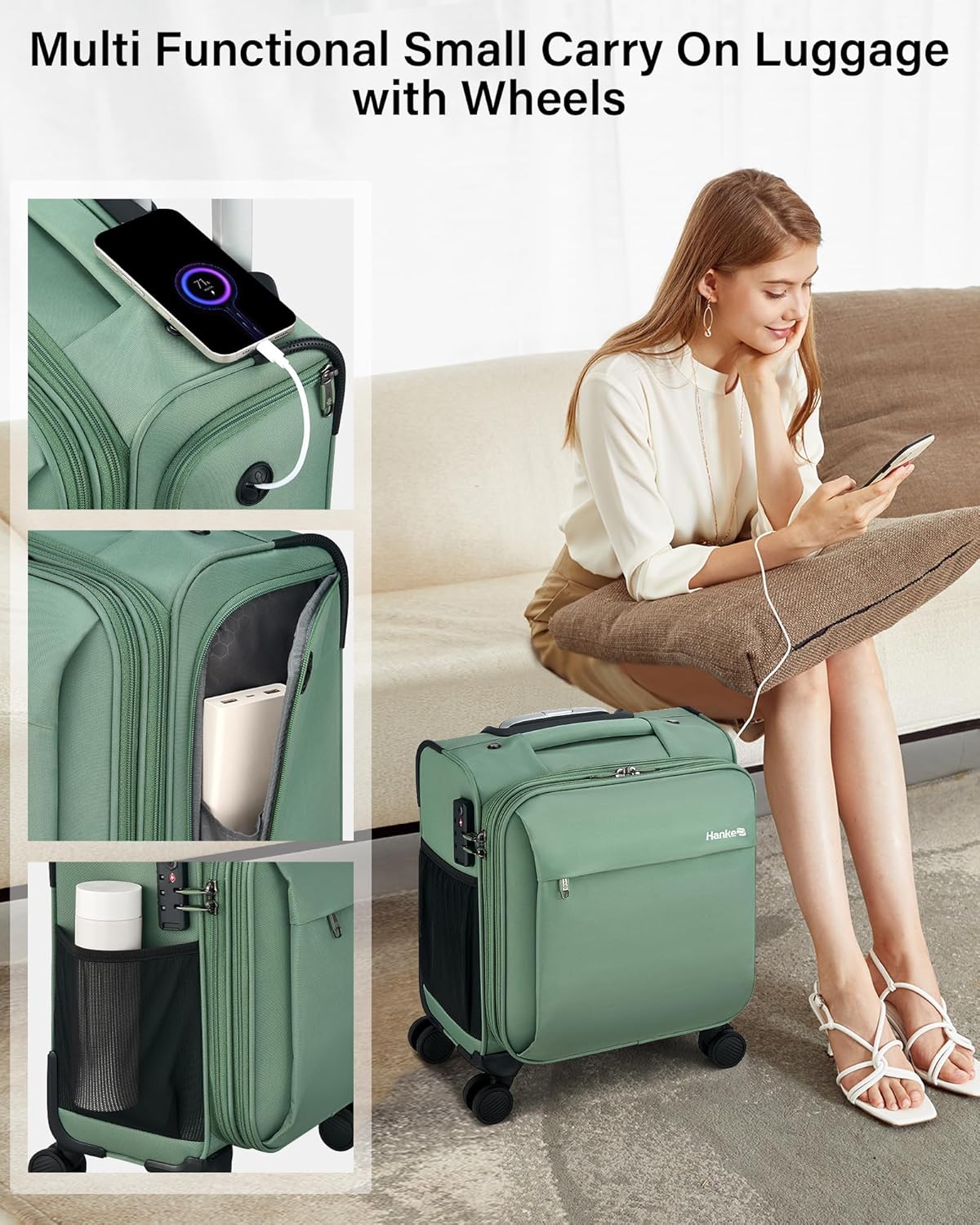 Hanke 16 Inch Underseat Carry On Luggage with Wheels Small Suitcase Softside Luggage Bags for Travel Lightweight Suitcases with Wheels Travel Luggage Personal Item for Men and Women(Forest Green) - Image 7