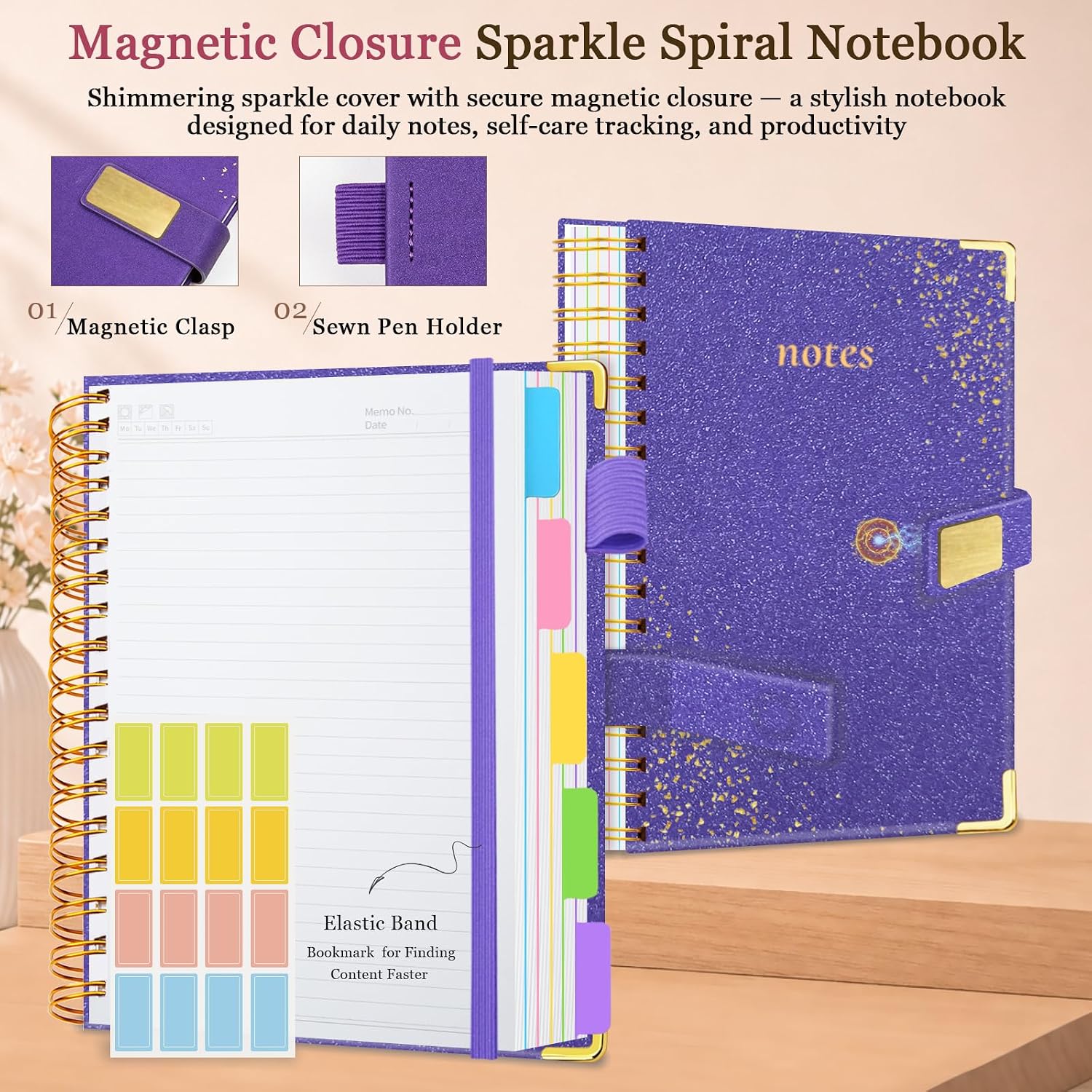 Spiral Notebook Journal 8''x 10'' 5 Subject Notebook with Dividers, 300 Pages Notebook College Ruled with Magnetic Closure, B5 Tabbed Notebooks for Work School, Sparkle Journal for Women (Purple) image 2