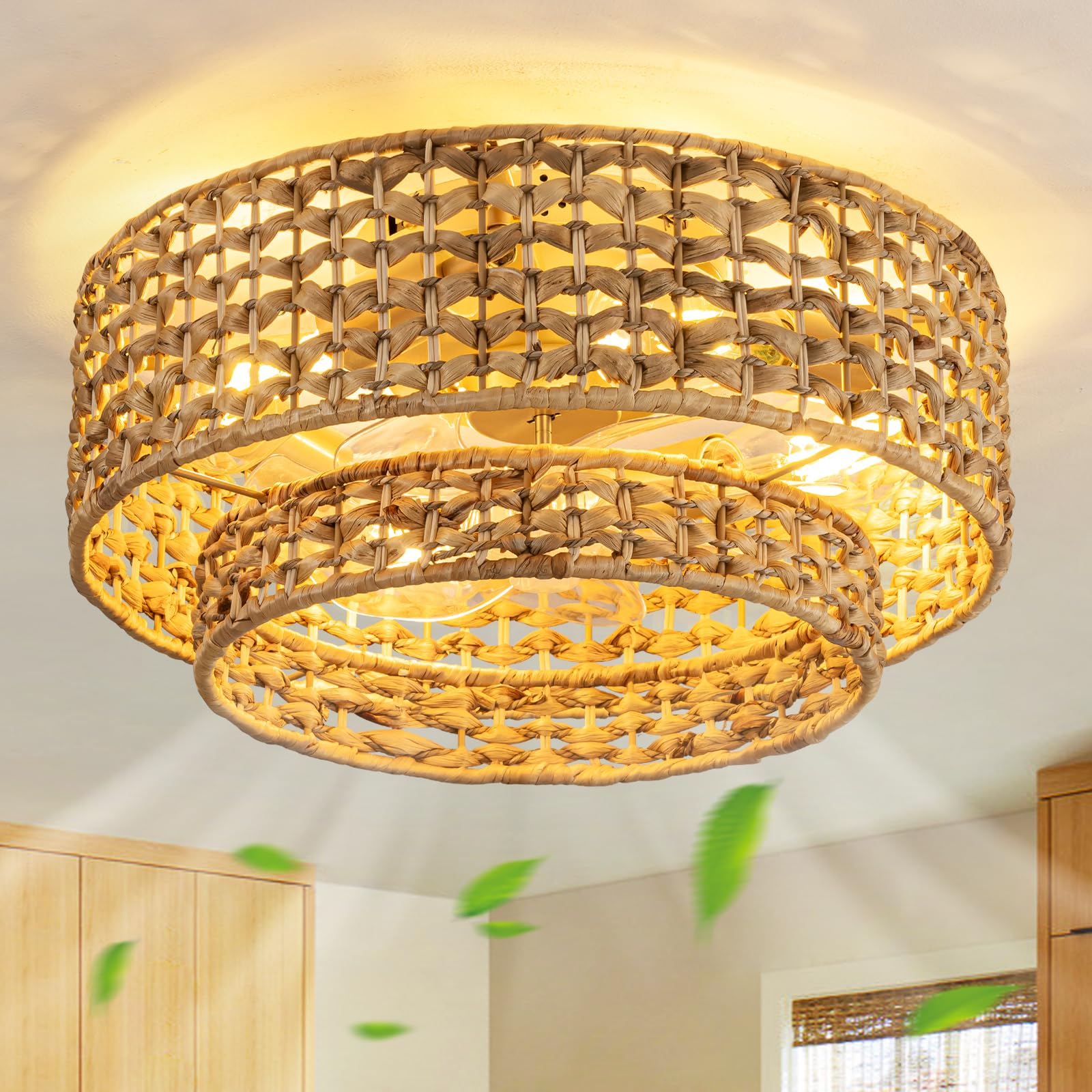Boho Caged Ceiling Fan with Lights Flush Mount, Handwoven Layered Rattan Fandelier ceiling fan with Remote Control, Reversible 6-Speed Enclosed Ceiling Fan Light for Bedroom, Living Room, Nursery, E26 Rattan-D