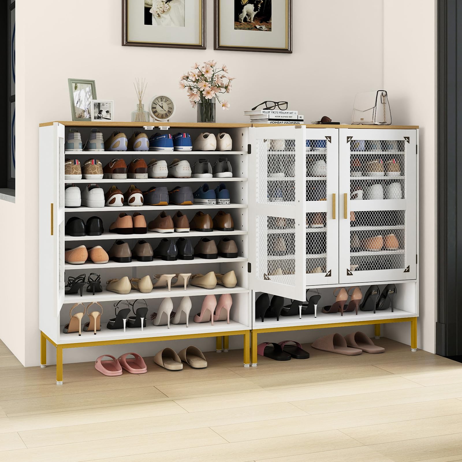 GOPLUS Meuble à Chaussures Entrée 28-30 Paires, Armoire à Chaussures Réglables 6 Niveaux avec Portes en Maille et Amovibles, Pieds en Métal,Entrée et Salon,80 x 37 x 106 cm (Blanc)