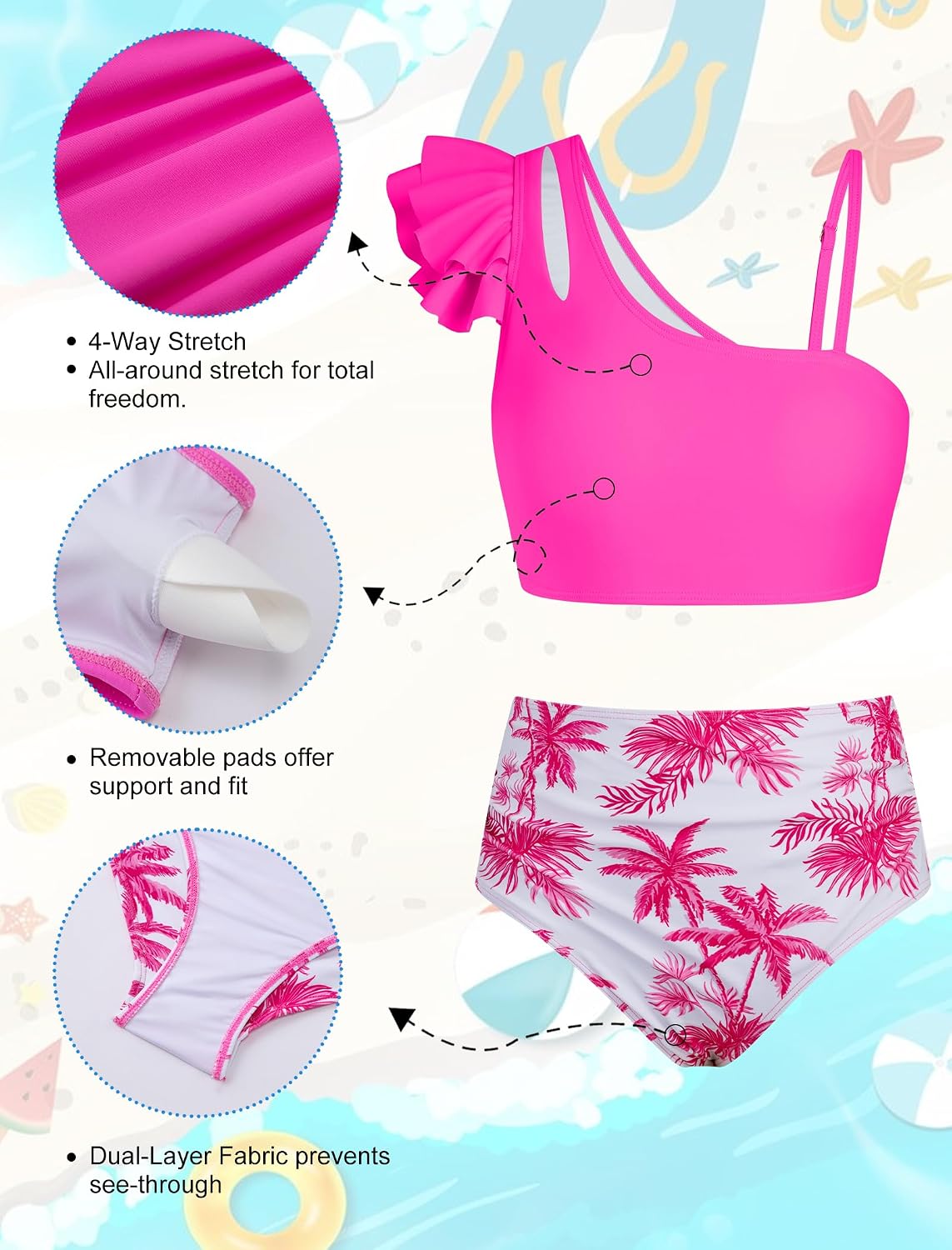 Girls Swimsuit, 2 Piece Bikini Set Ruffle Bathing Suit with Adjustable Strap Girls' Swimwear 7-16Y