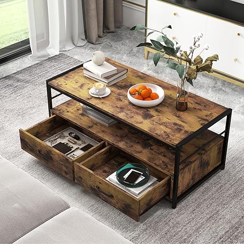 Giantex Industrial Wood Coffee Table - Living Room Rectangular Center Table w/ 2 Drawers & Open Shelf, Accent Sofa Console Table w/Sturdy Metal Frame & Wooden Top, Rustic Brown