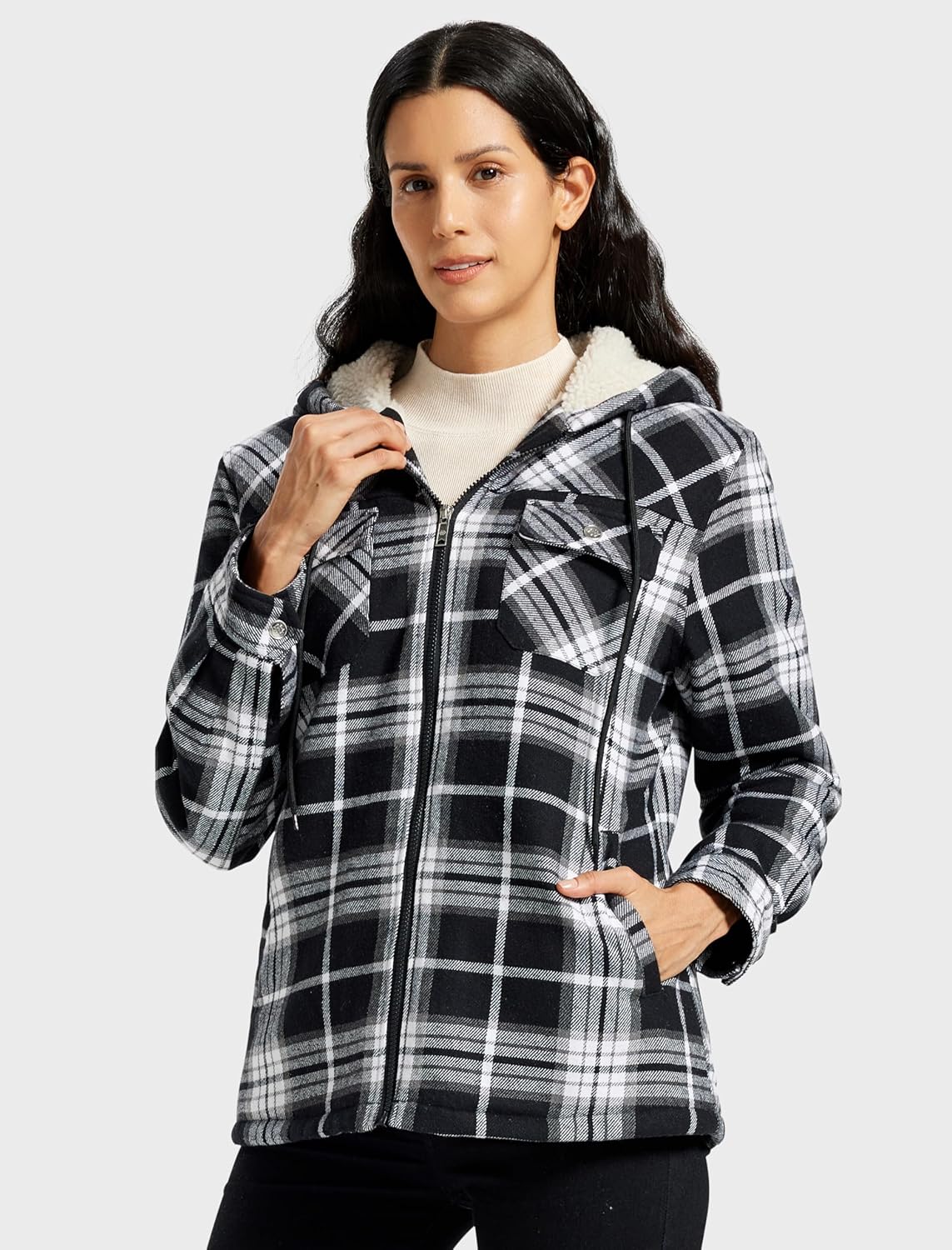 MoFiz Women's Fleece Zip Up Hoodie Flannel Plaid Hoodie Winter Warm Casual Sweatshirts With Pocket - Image 5