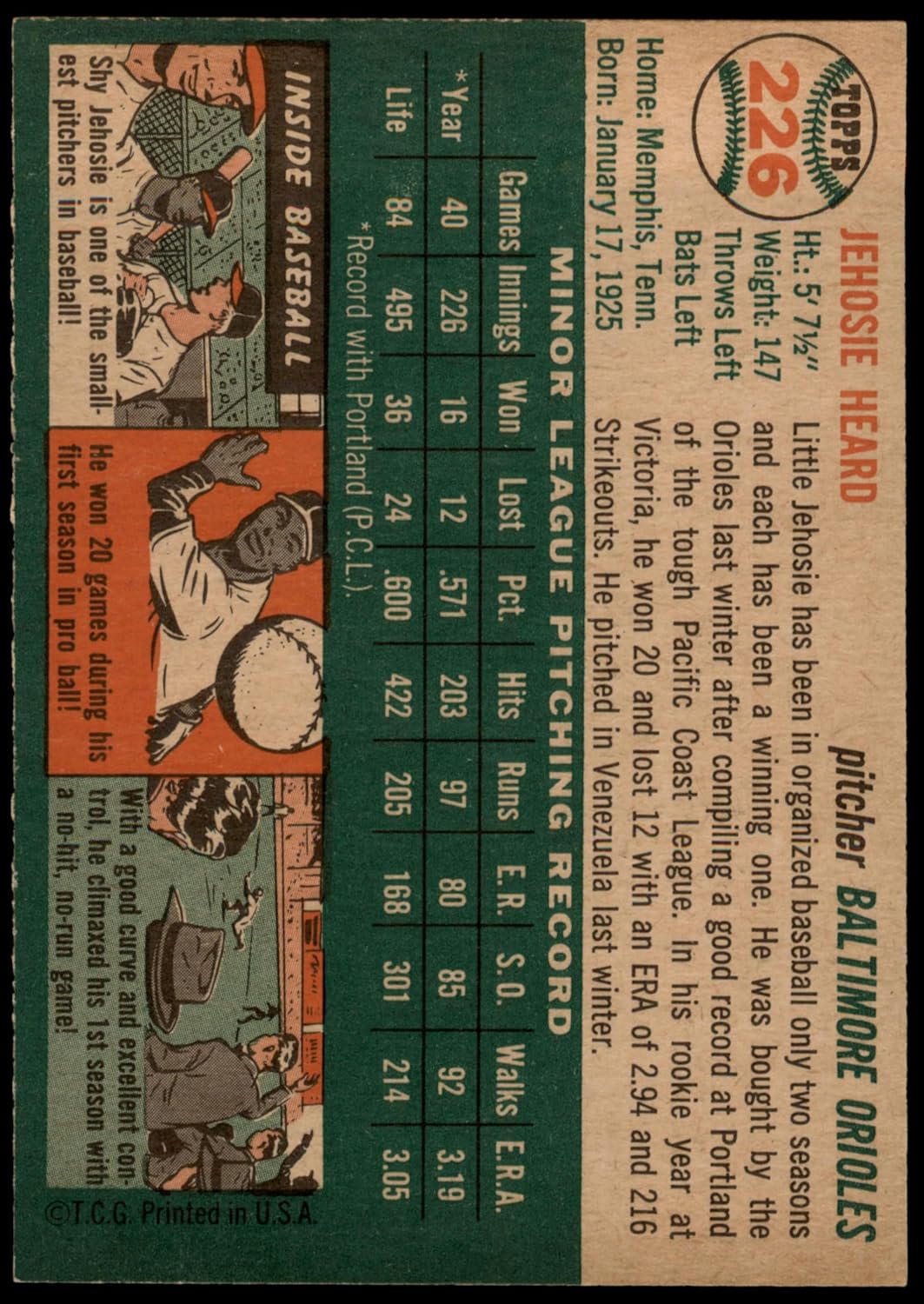 1954 Topps #226 Jehosie Heard Baltimore Orioles (Baseball Card) EX/MT Orioles