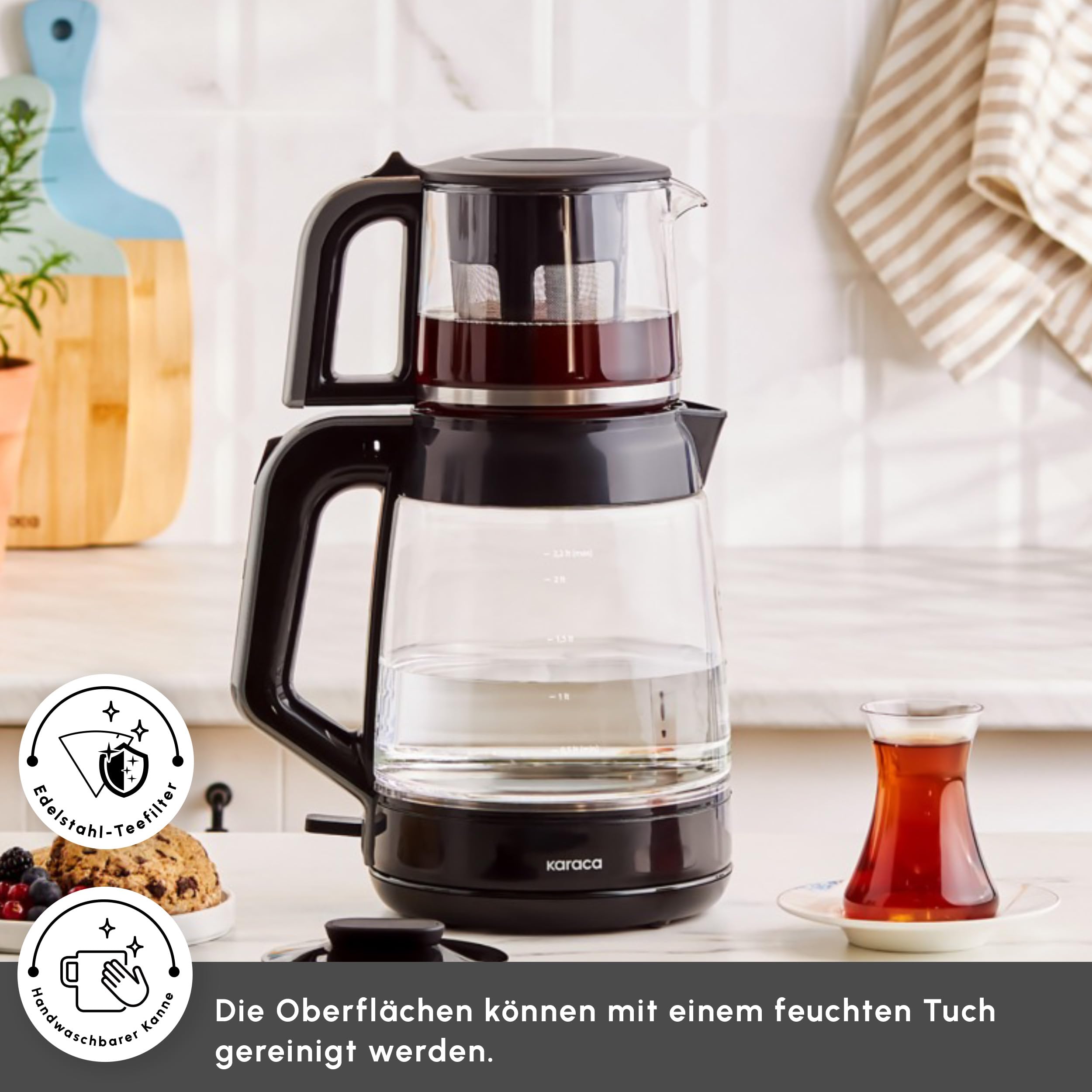 Karaca Glass Tea XL 2 in 1 Glas-Teemaschine & Wasserkocher Shiny Black, 0,9L Teekapazität & 2,2L Wasserkapazität, energieeffizient, automatische Warmhaltefunktion, 360° drehbare Basis, LED-Anzeige