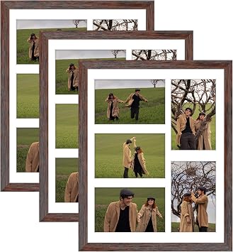 Frametory, 11x14 Picture Frame - Collage Multiple Photos, Distressed Brown Solid Wood Molding, Display 5 4x6 pictures with Mat or 14x11 without Mat - Real Glass Cover Distressed Brown, 3pack