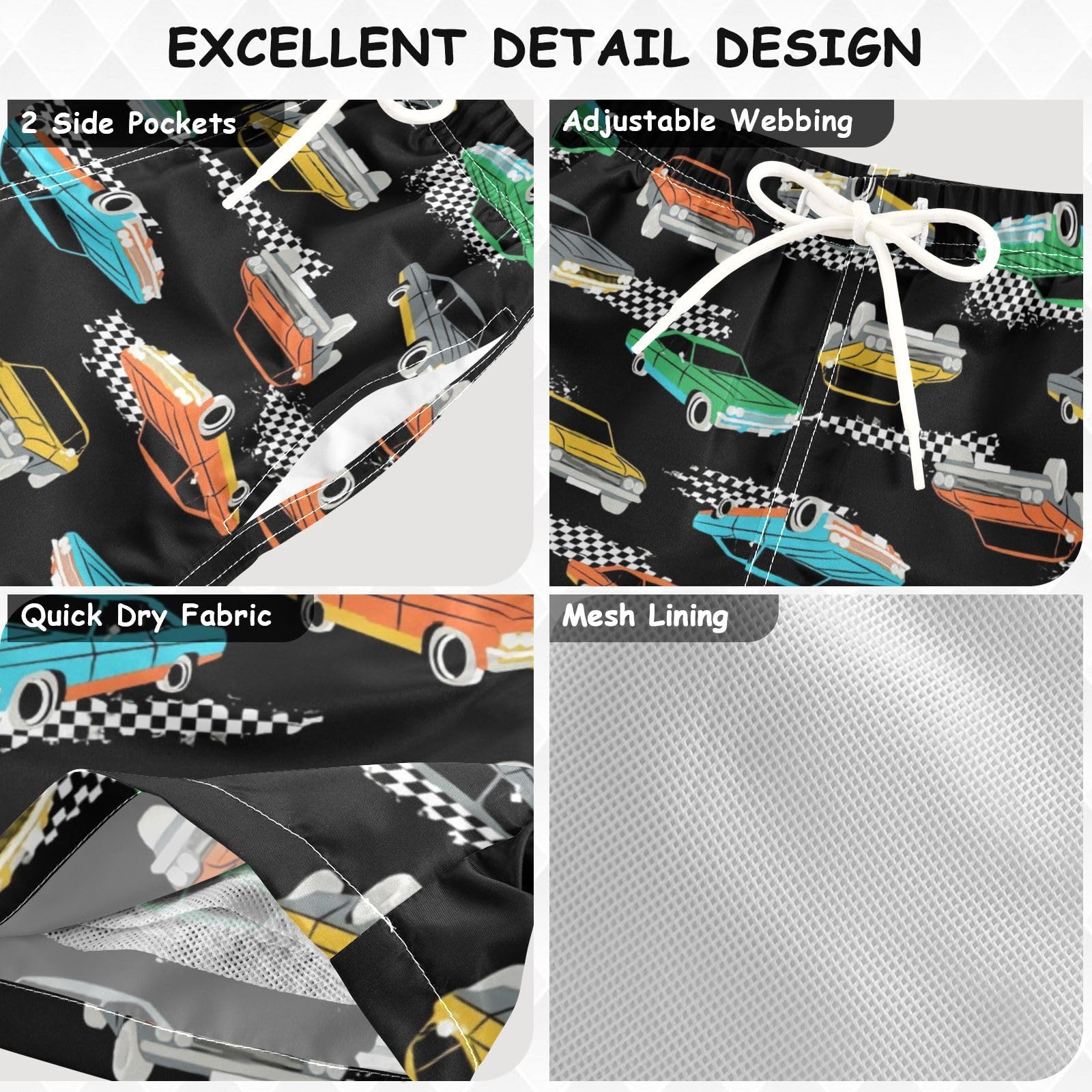 Pigsaly Retro Race Cars Boys Swim Trunks Machinery Trucks Toddler Beach Board Shorts Baby Summer Bathing Suit 4T