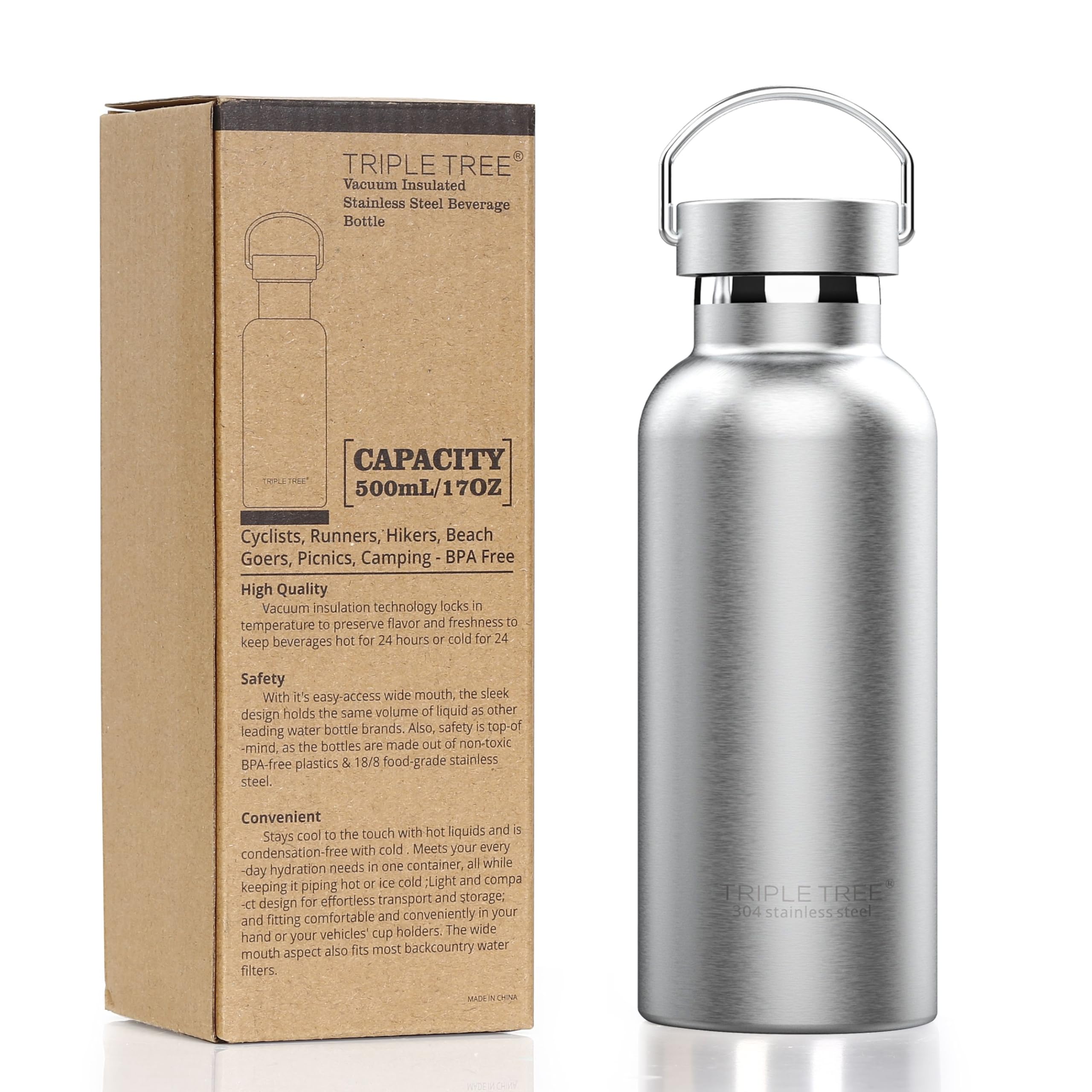 TRIPLE TREE 17 oz Insulated Water Bottle with Hook, Double Wall