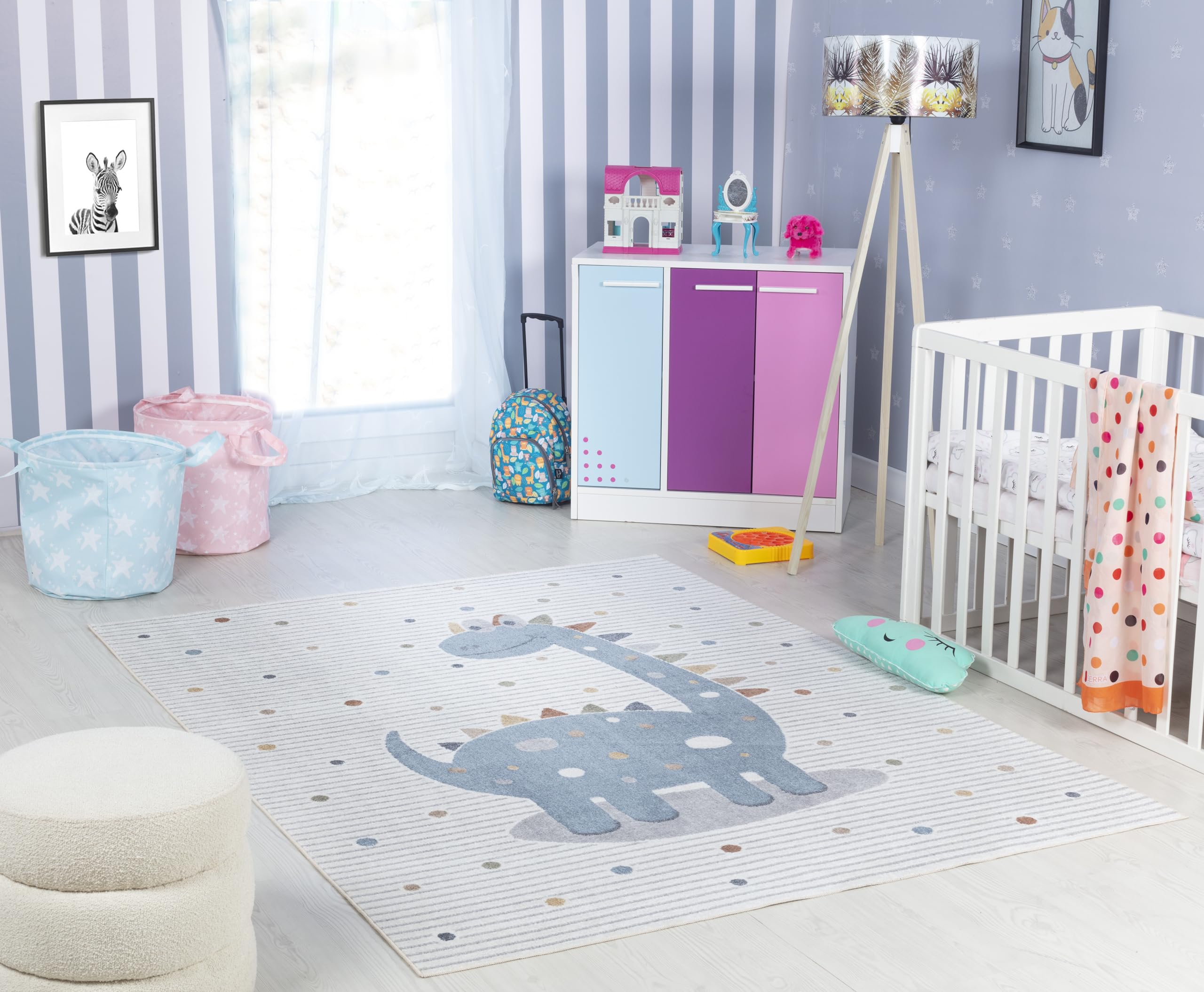 Livabliss Dino Dinosaur Pattern Rug - Childrens Rugs for Bedroom 120x170 cm, Machine Washable Animal Rug for Girls & Boys Bedroom, Playroom and Nursery Rugs - Girl, Boy, Baby, Kids Carpet, Cream
