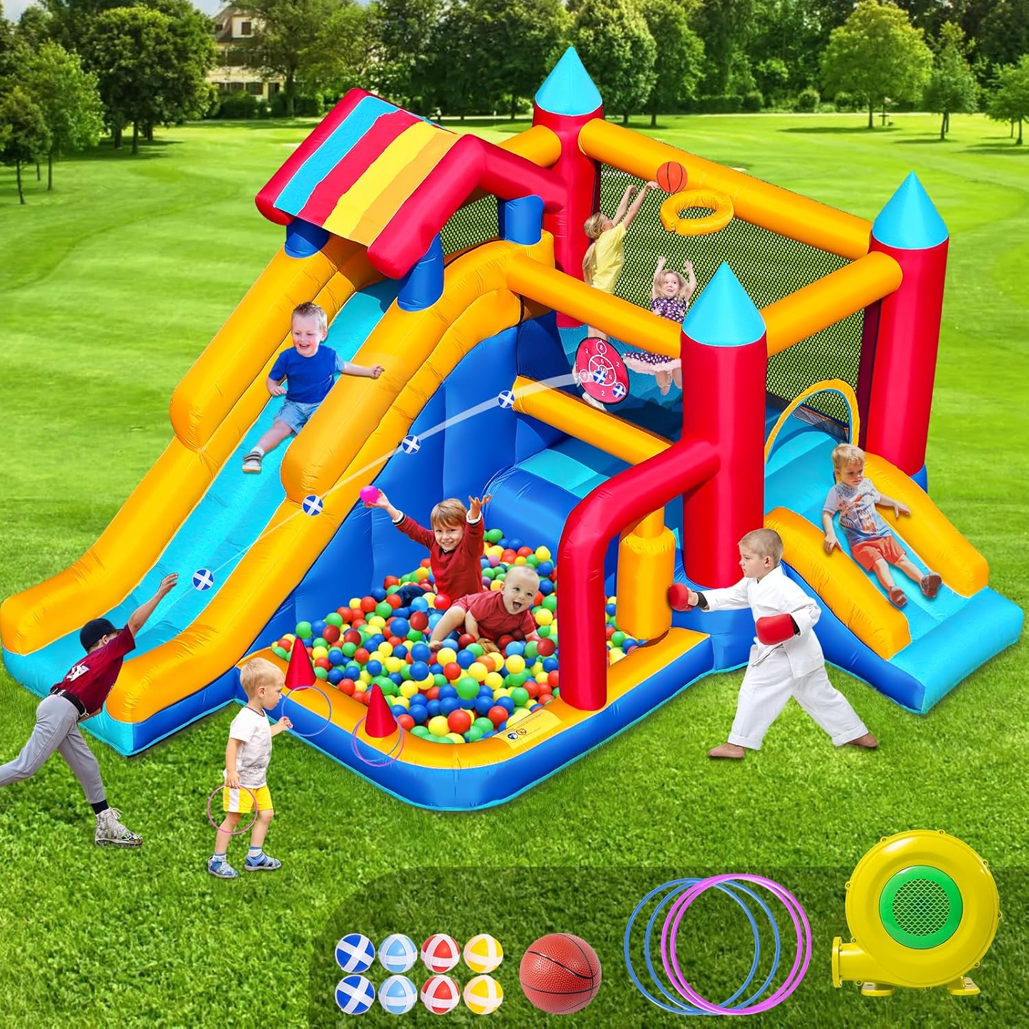 Bounce House for Kids 3-10, 9 in 1 Large Inflatable Bounce Castle for Toddlers Outdoor for Backyard Lawn Jump Bouncy House with Blower, Slide, Ball Pit, Basketball, Boxing, Climbing, 11.38x10.2FT