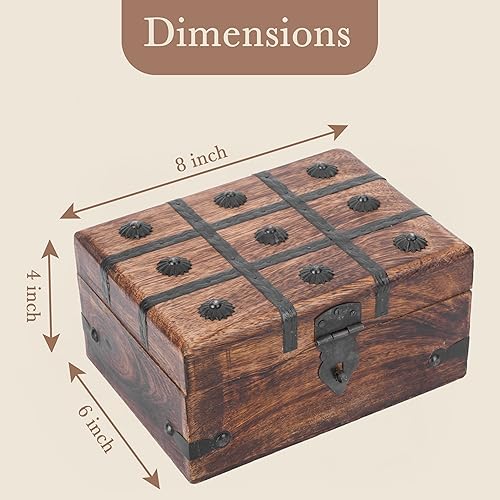 Vista 2 de Ajuny Cofre del tesoro de madera, caja de recuerdo de madera hecha a mano con tiras de concha, caja antigua para joyas, baratijas piratas y regalos