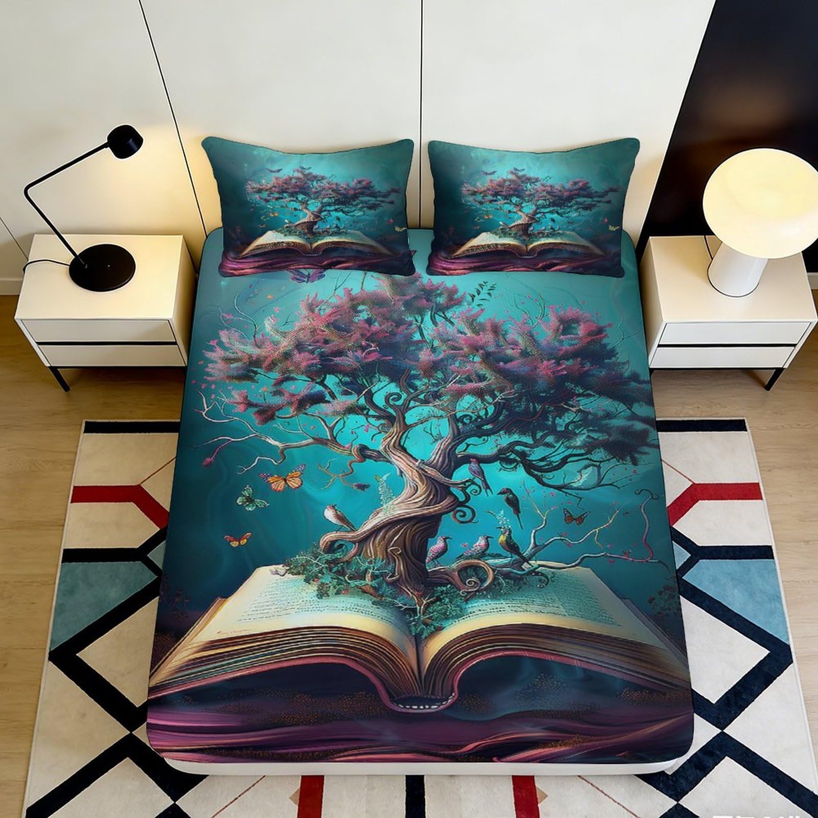 3D Printed Fantasy Tree Book Fitted Sheet Microfiber Anti-Slip Bed Sheet for Bedroom Guest Room Easy Care 90x200x25cm