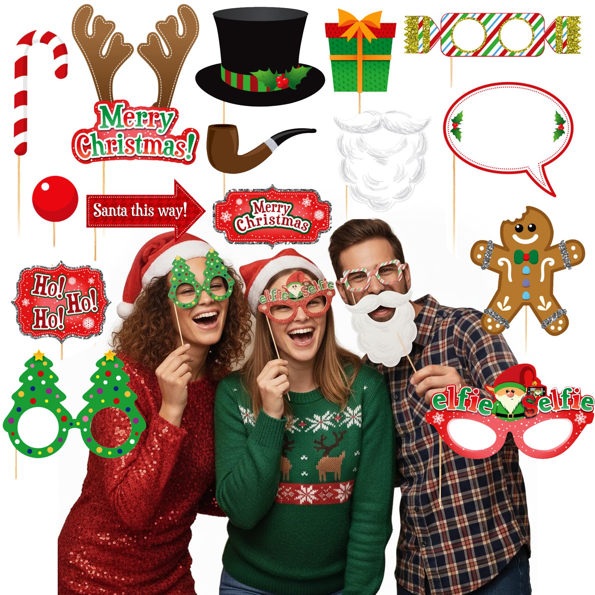 HiFEN® 20 Pcs Christmas Photo Booth Props Kit, Assorted Funny Xmas Selfie Photo Props Set for Adults & Kids, Creative Christmas Party Supplies & Holiday Photoshoot Decorations