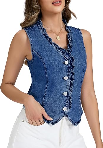 LifeShe Ruffle Jean Vest Top for Women Cropped V Neck Denim Tank Summer Button D