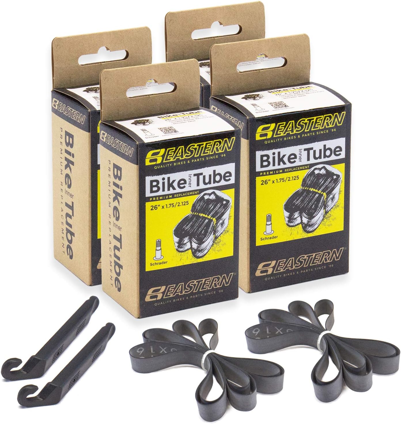 Eastern Bikes 26" Bicycle Tube Replacement Kits - Schrader Valve. Comes with Tire Lever Tools and Fresh Rim Strips. 1 2 3 4 and 5 Packs