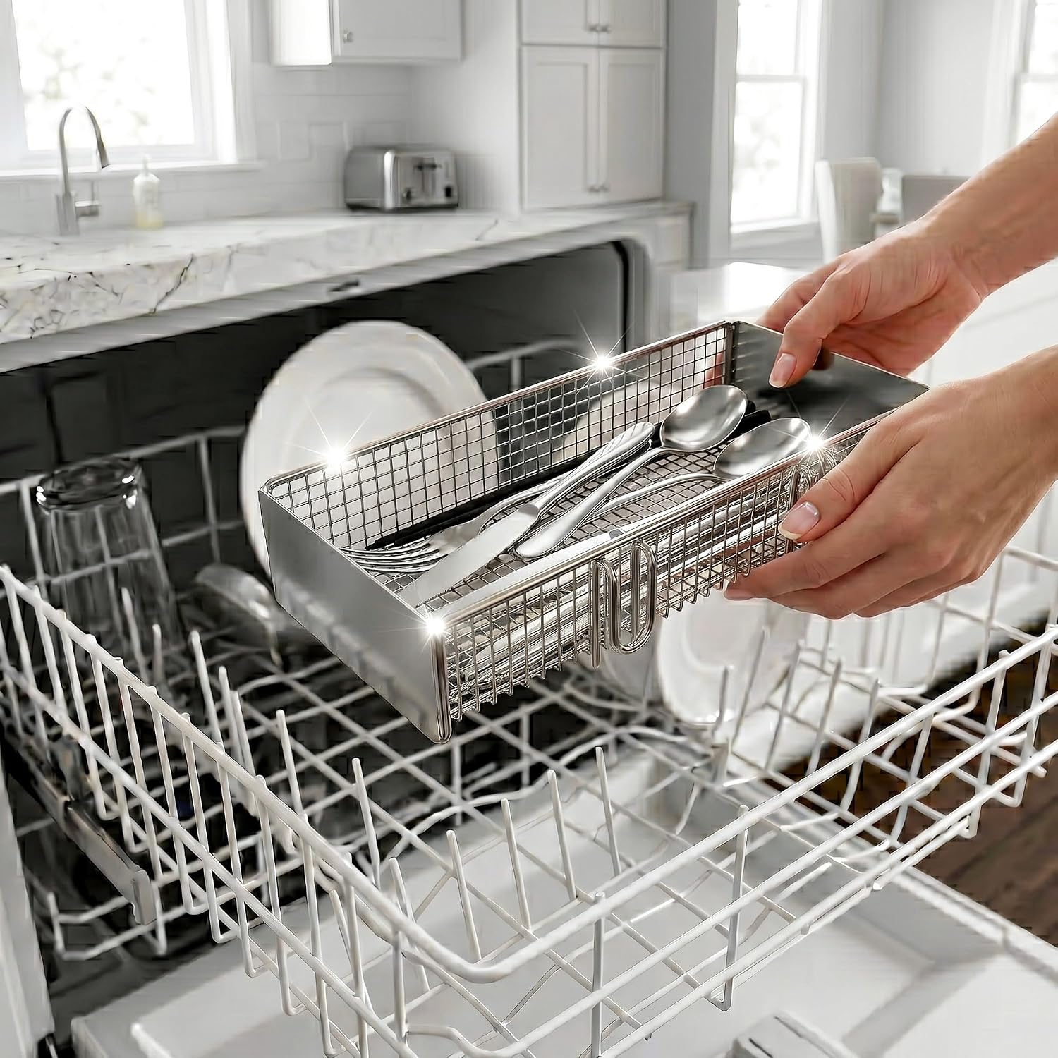 Dishwasher Silverware Basket Replacement - 304 Stainless Steel Hanging Utensil Holder with Fine Mesh and Open Design for Forks, Spoons, Chopsticks, 11.02 x 4.53 x 1.89 in (Silver)