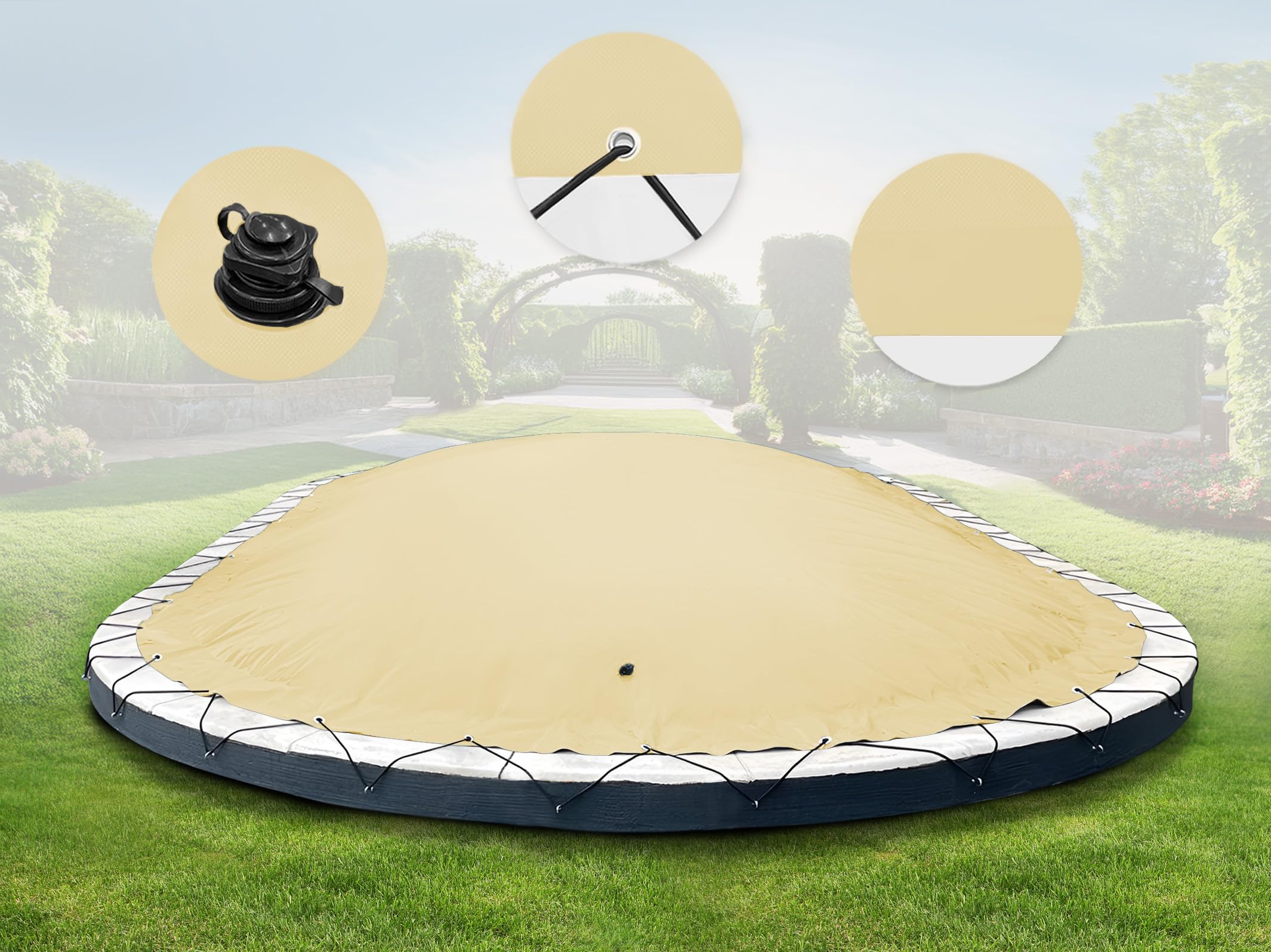 ANKO PLANEN Cubierta de Piscina Hinchable Ovalada – Lona de Cobertura Premium para Piscina – solución Ideal para el Invierno AirDeluxe (9,16m x 4,60m, Beige)