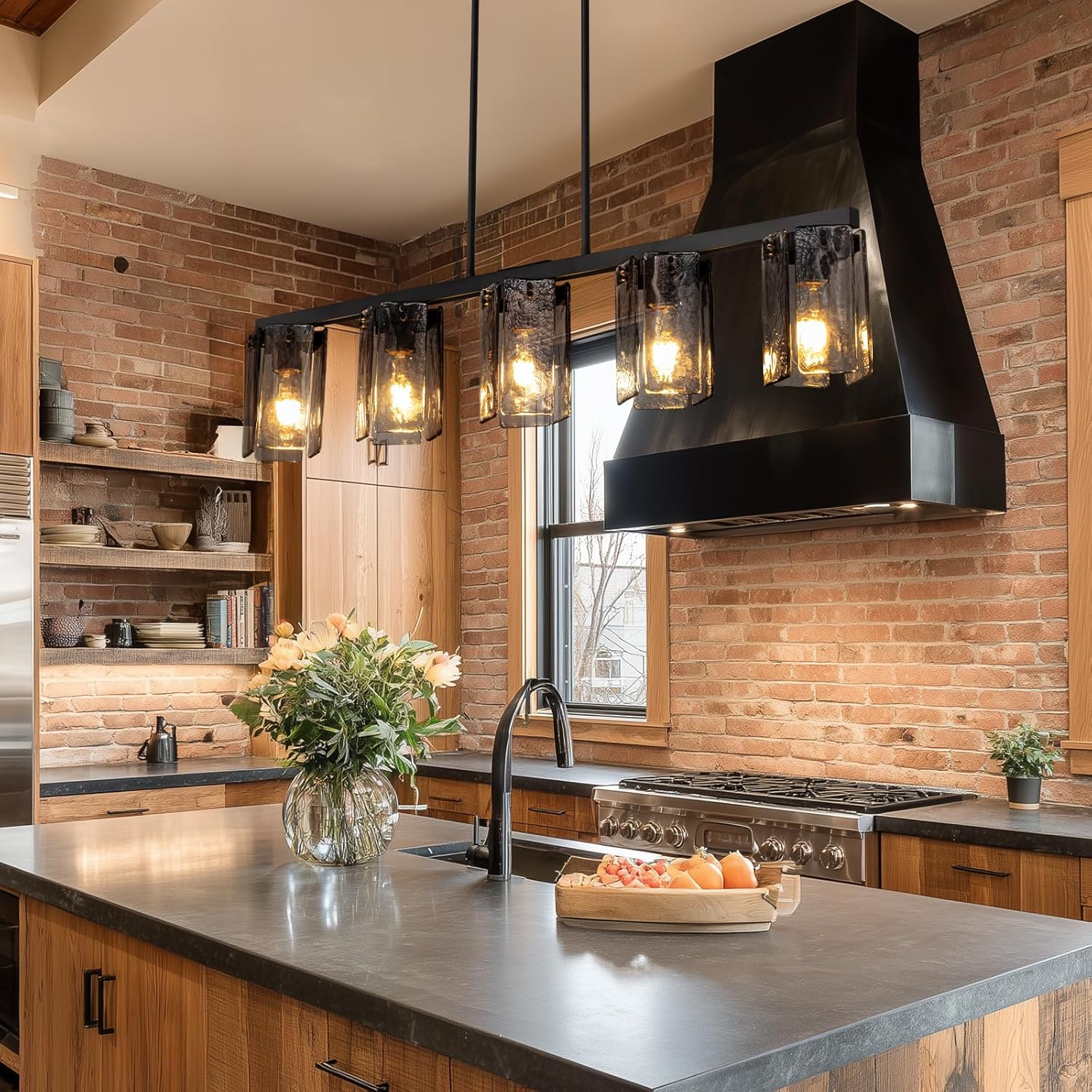 L41.3 ''Farmhouse Linear Chandelier for Dining Room,5 Lights Kitchen Island Light Fixtures,Matte Black Chandeliers with Smoked Glass Shade,and Height Adjustable