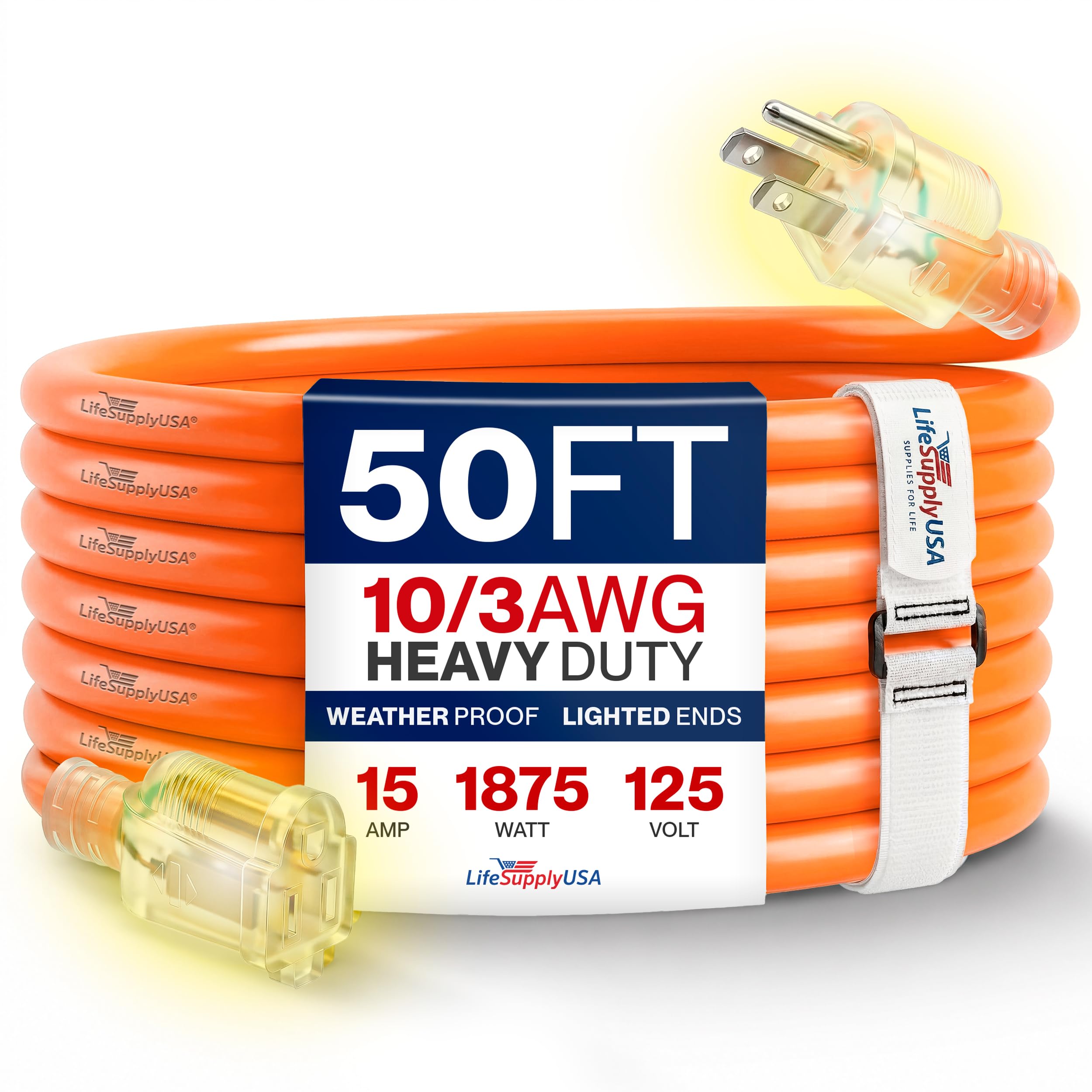 LifeSupplyUSA- Cable de extensión de 50 pies para Exteriores e Interiores, Resistente al Agua, con 3 Clavijas SJTW, Calibre 10, 15 A, 125 voltios, 1875 vatios, 10/3 x, Color Naranja (Paquete de 1)