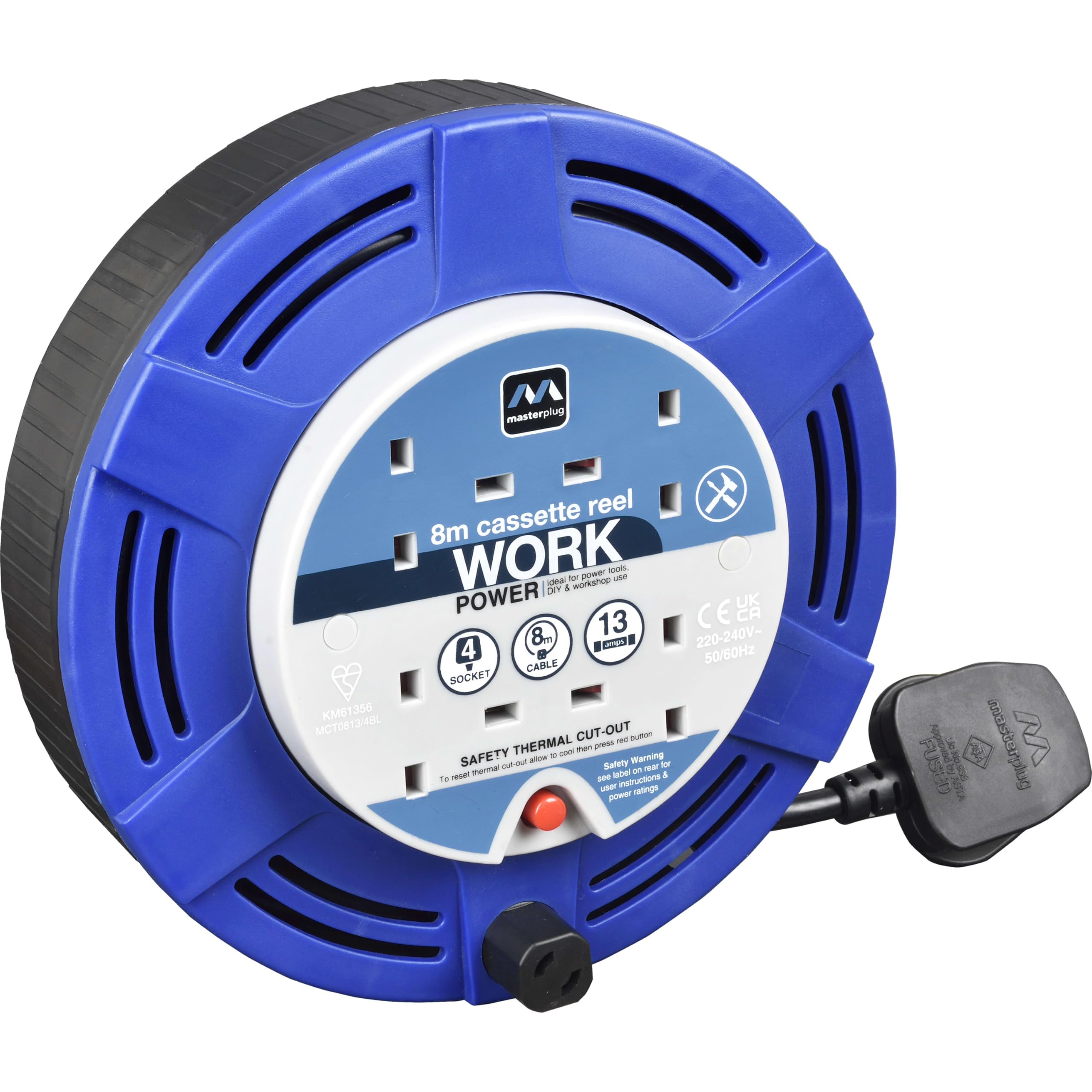 Masterplug Four Socket, 8 Metre Cassette Reel, Medium Extension Lead Cable Reel, Wind-Up Retractable Power Cord Reel, Thermal Cut Out, Work Power, Blue/Black, 13A, 4G, 8m, MCT0813/4BL