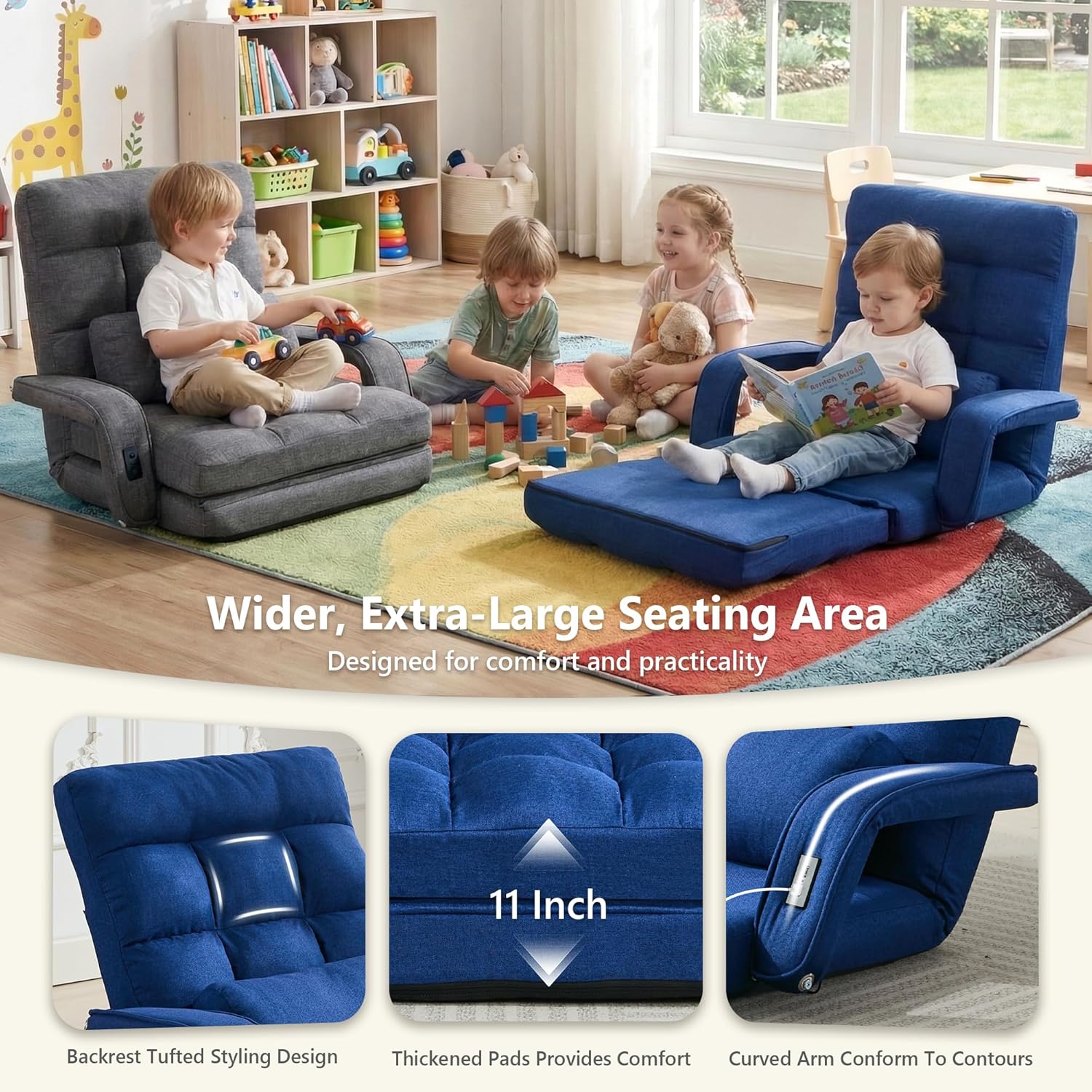 STHOUYN Comfy Floor Chair, Gaming Lounge Couch Chair Bed with 2 USB Charger & 5-Position Adjustable Back, Lazy Folding Sofa Bed, Convertible Sleeper Chair for Living Room, Bedroom, Dorm (Blue)