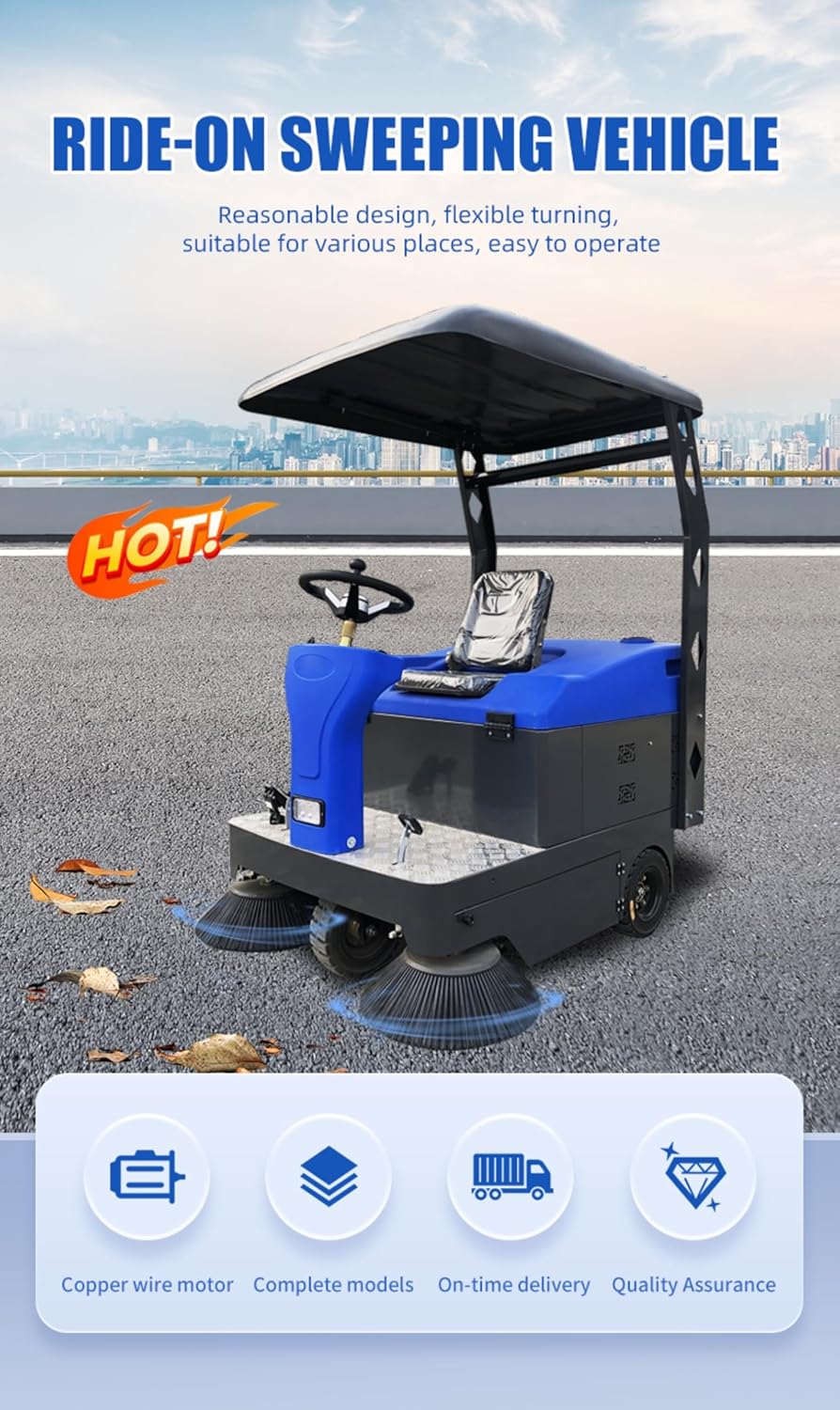 Ride-On Industrial Floor Sweeper with 2050mm Sweeping Width, 48V Electric Drive and 180L Waste Hopper, for Municipal Services, Factory Floors and Property Management