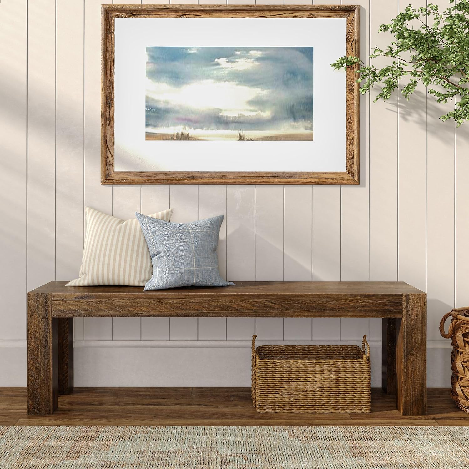 Plank+Beam Camden, Farmhouse Dining Bench, 58", Solid Wood Dining Bench, Rustic Bench for Dining Table and Kitchen, Natural Wood Grain, Rustic Barnwood
