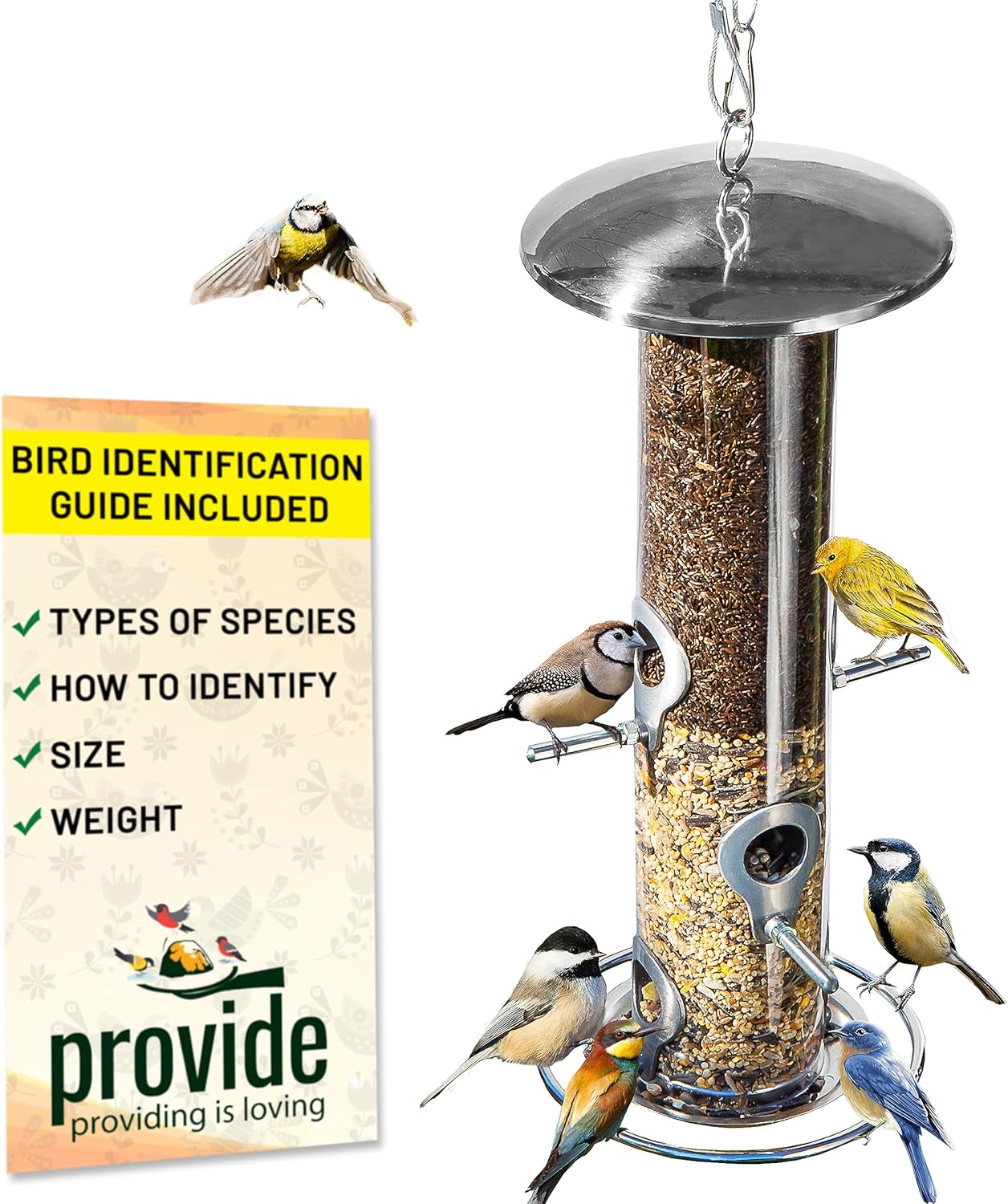PROVIDE Large Stainless Steel bird feeder, Easy Clean Bird Seed Feeder