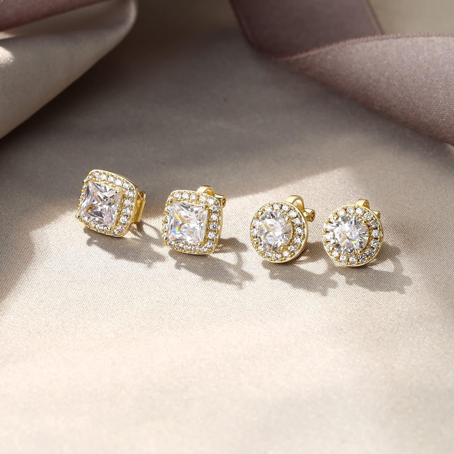 EVER FAITH Wedding Clip On Stud Earring for Women, Brilliant White Round Square Cut Cubic Zirconia Halo Earrings Set for Bride (2 Pairs) - Image 6