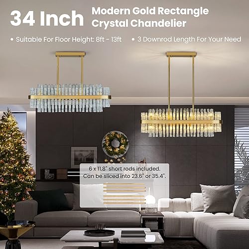 Miniatura 8 de Siljoy Candelabro rectangular de cristal de 16 luces para comedor, moderna lámpara colgante de cristal dorado K9, lámpara de techo contemporánea