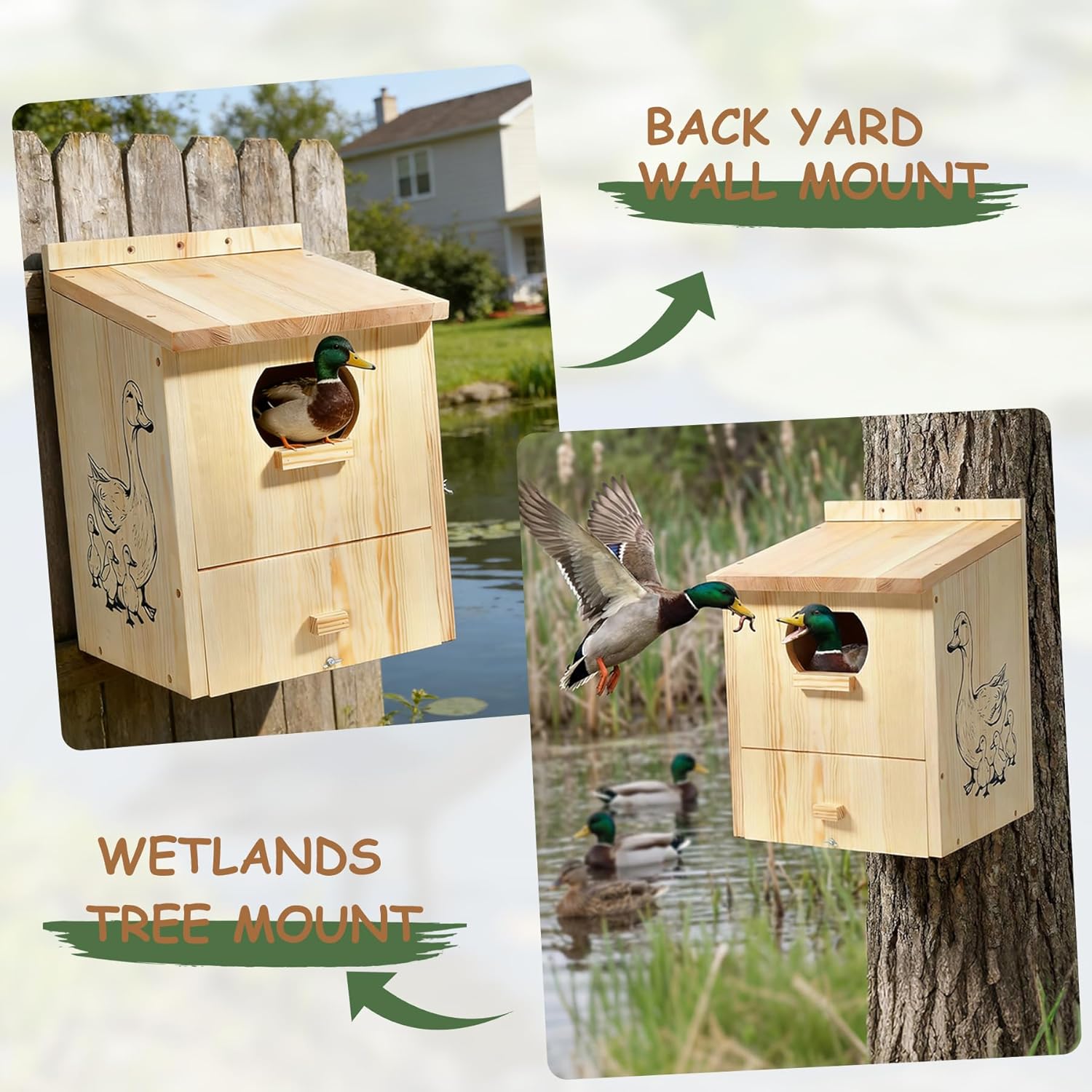 Wood Duck House for Outside - Waterproof Duck Nesting House Outdoor for Mallards Hooded Mergansers, INRLKIT 17 x 12 x 12 Inches Large Wooden Duck Box for Backyard Pond Wetland Garden Outside