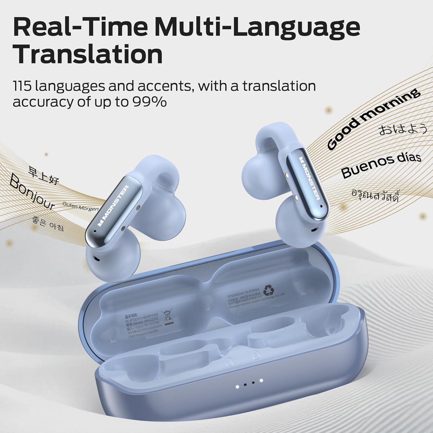 Monster AI Translation Earbuds Open AC601, 3-in-1 Translator Wireless Earbuds, Bluetooth 6.0 Open Earbud with 115 Languages Translation, Real-Time AI & Touch Control Wireless Headphone (Blue)