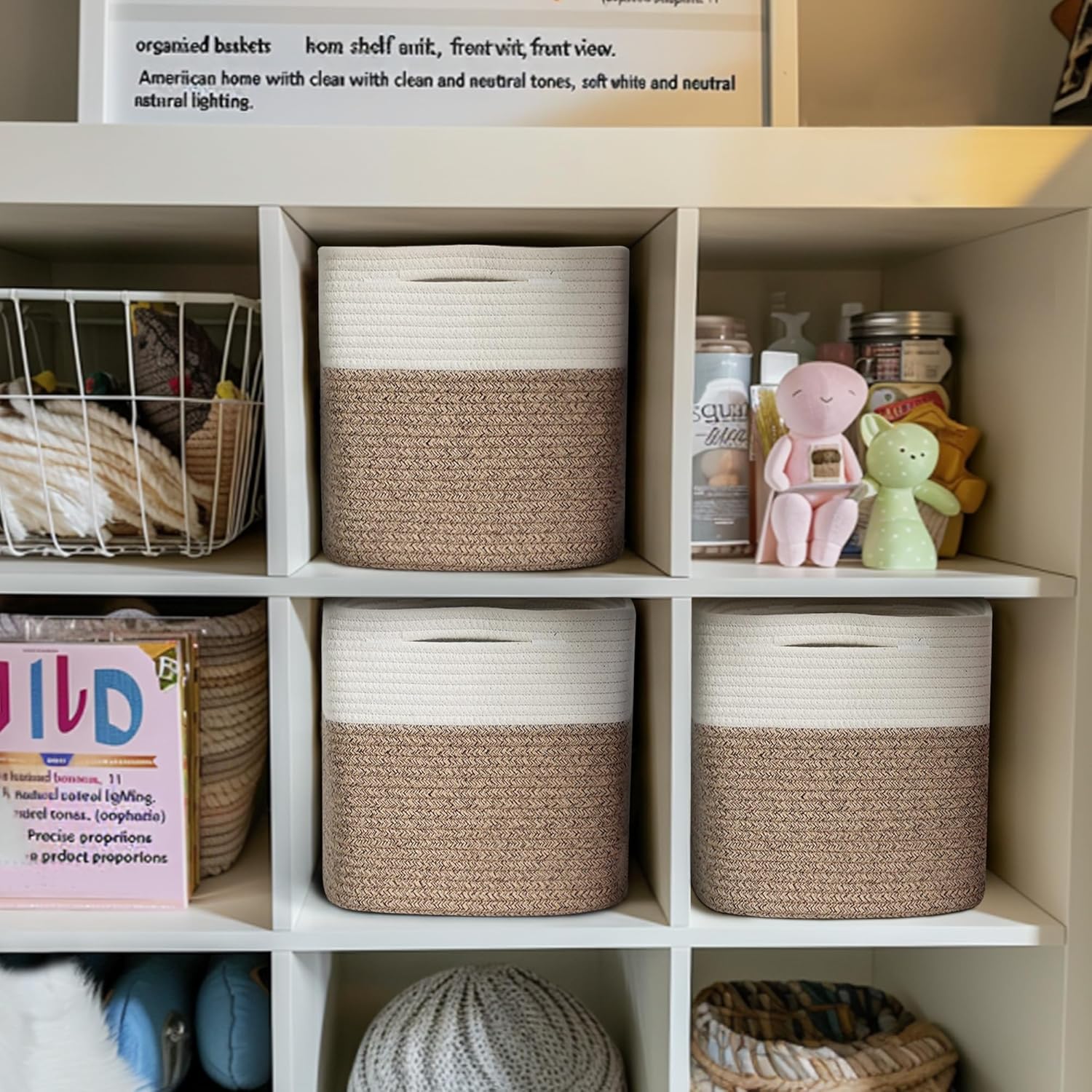 11x11 Cube Storage Bin - 3 Pack Woven Storage Cubes Organizer, 11 Inch Cotton Rope Baskets for Organizing, Square Baskets for Shelves, Baby Nursery Closet Bins, Cubby Toy Box Organizer - Image 3