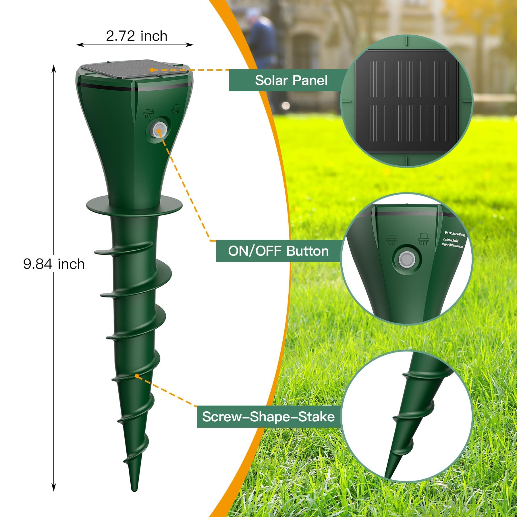 Paquete de 8 repelentes de topos alimentados por energía solar, estacas ultrasónicas repelentes de topos para césped, IP65 impermeable, disuasorio de topos para patio, control de roedores al aire