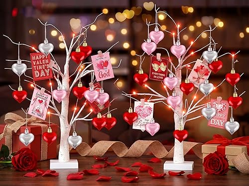 Miniatura 2 de 2 piezas de árbol de mesa de flores de bayas artificiales iluminadas de San Valentín de 21 pulgadas de alto, árbol de mesa brillante para decoración