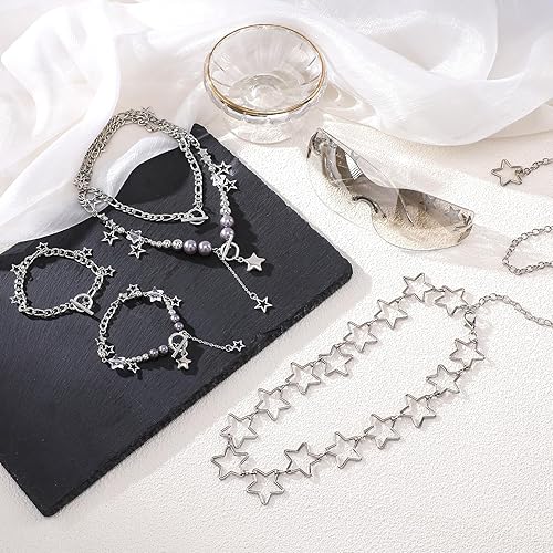 Miniatura 6 de 5 Pcs Y2K Accessories Set for Women, Silver Y2k Star Jewelry Set with Layered Necklace Retro Sunglasses Star Belt Chain and Bracelet, Vintage 90s