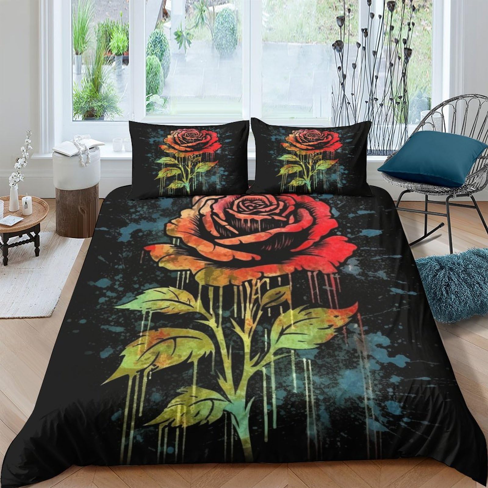 Housse de couette roses anciennes 3D lit king 220x240 cm parure de lit microfibre avec taies d'oreiller