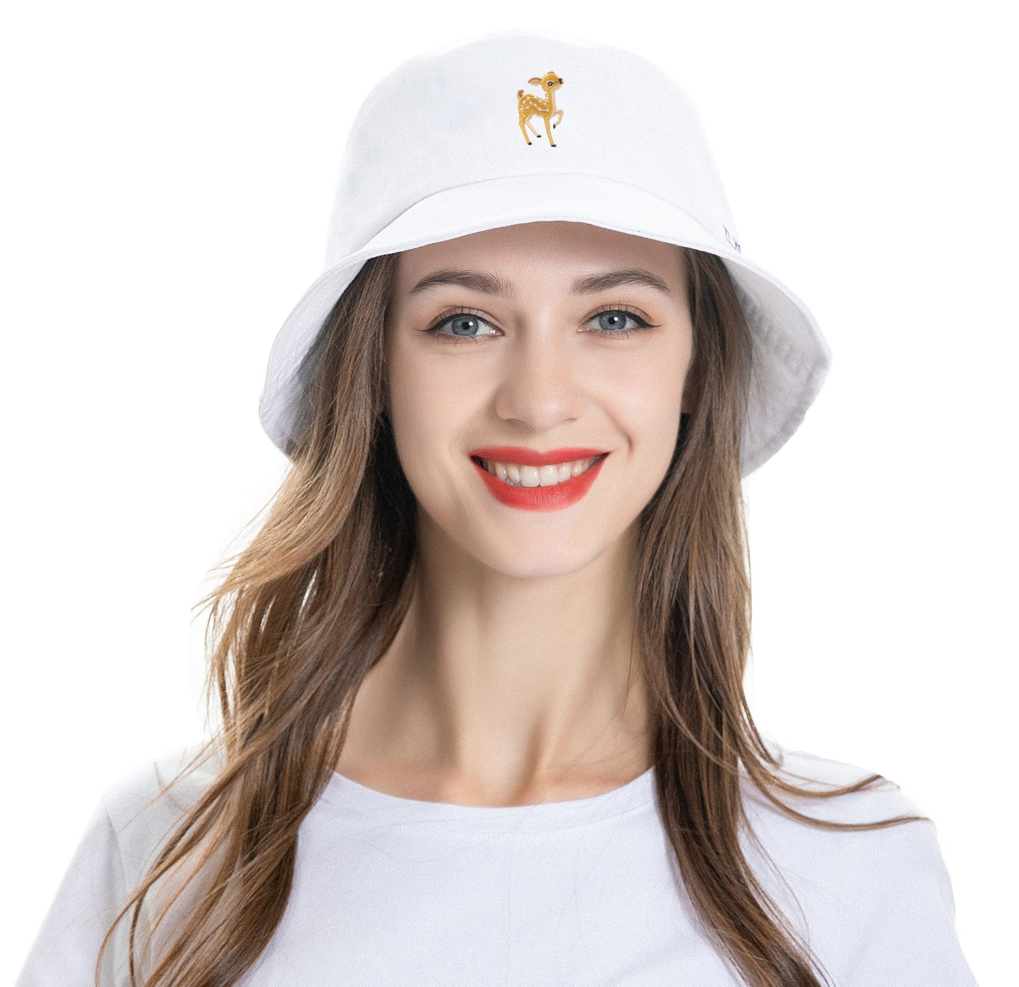 ZLYC Unisex Fashion Embroidered Bucket Hat Summer Short Brim for Men Women Teens(Deer White) - Image 2