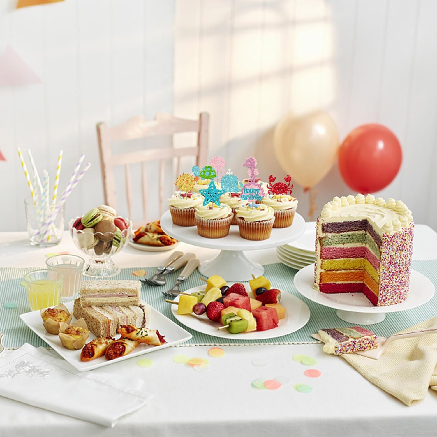 Rsstarxi 24 Pack Under the Sea Animals Cupcake Toppers Whale Turtle Starfish Jellyfish Cupcake Picks for Summer Beach Theme Baby Shower Boys Girls Birthday Party Cake Decorations Pink - Image 3