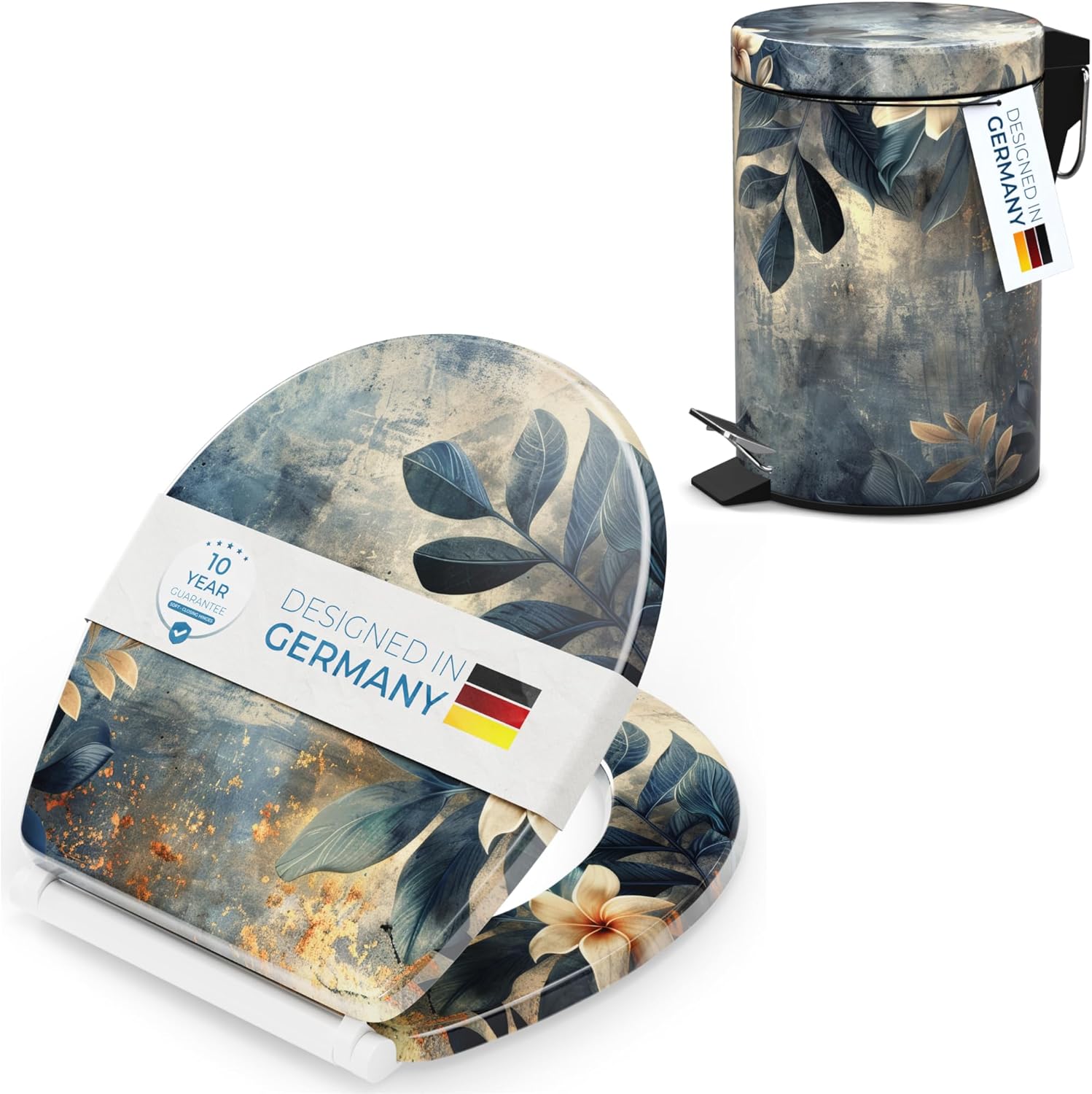 Sanilo Wooden Toilet Seat with Quick Release & Soft Close [ROUND] Decorative & Slow Close Molded Wood Seat, Small Bathroom Trash Can with Lid 1.3 Gallon, Lidded Tiny Trashcan (Lilybud)