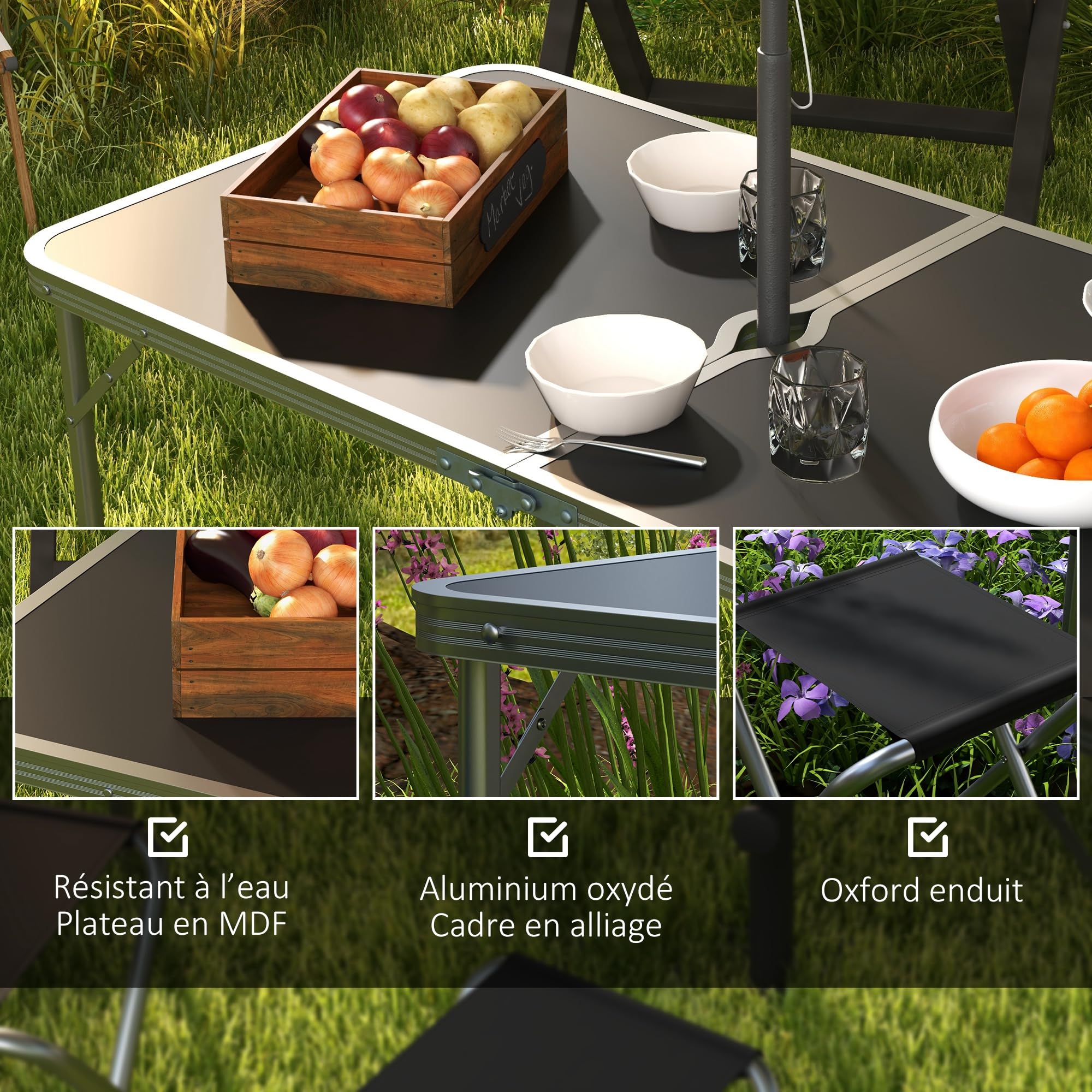 Outsunny Ensemble Table et Chaise de Camping Pliantes 5 pièces, Table à Hauteur Ajustable avec 4 chaises Pliantes, avec Trou de Parasol, Gris foncé